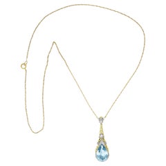 Art Deco Aquamarin-Diamant-Platin-Halskette mit 14 Karat Gelbgold-Anhänger