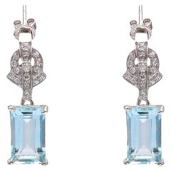 Antique Art Deco Aquamarine Diamond Platinum and Gold Drop Earrings