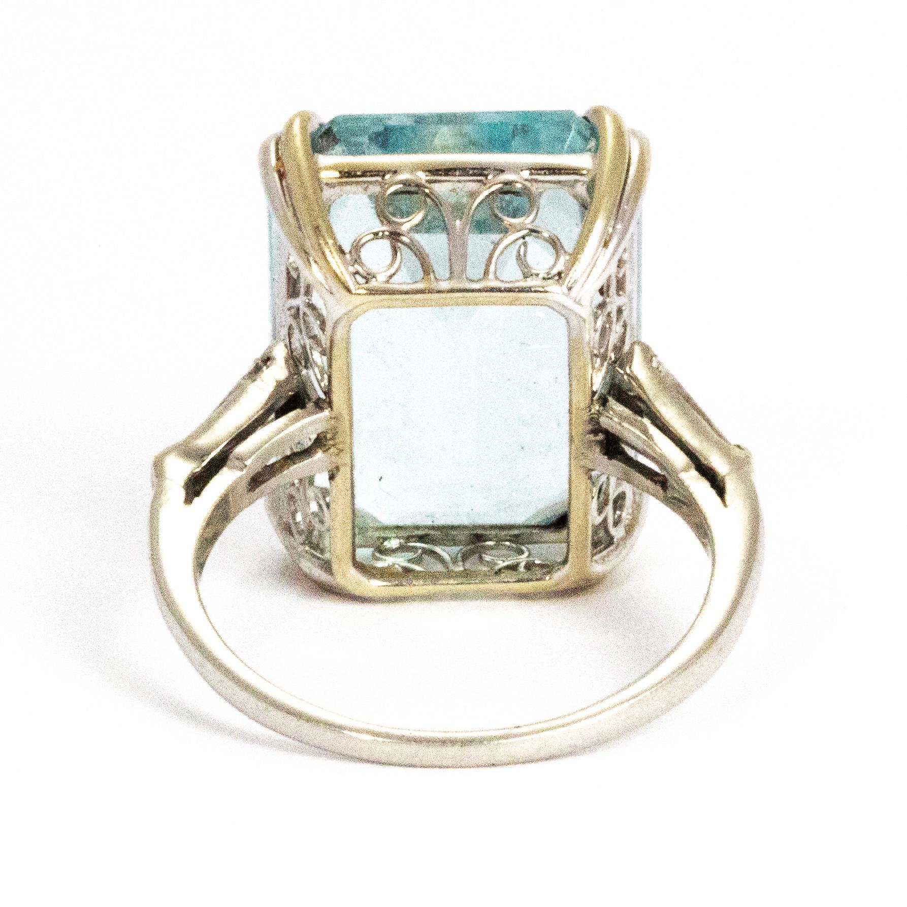 Emerald Cut Art Deco Aquamarine and Diamond Platinum Cocktail Ring