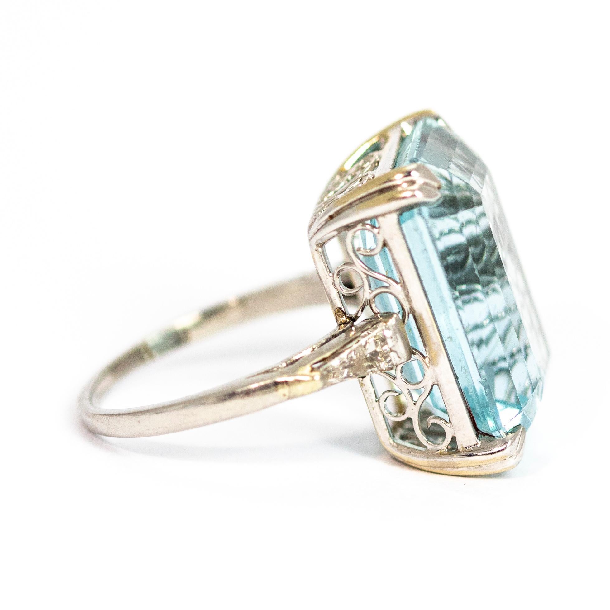 Art Deco Aquamarine and Diamond Platinum Cocktail Ring In Excellent Condition In Chipping Campden, GB