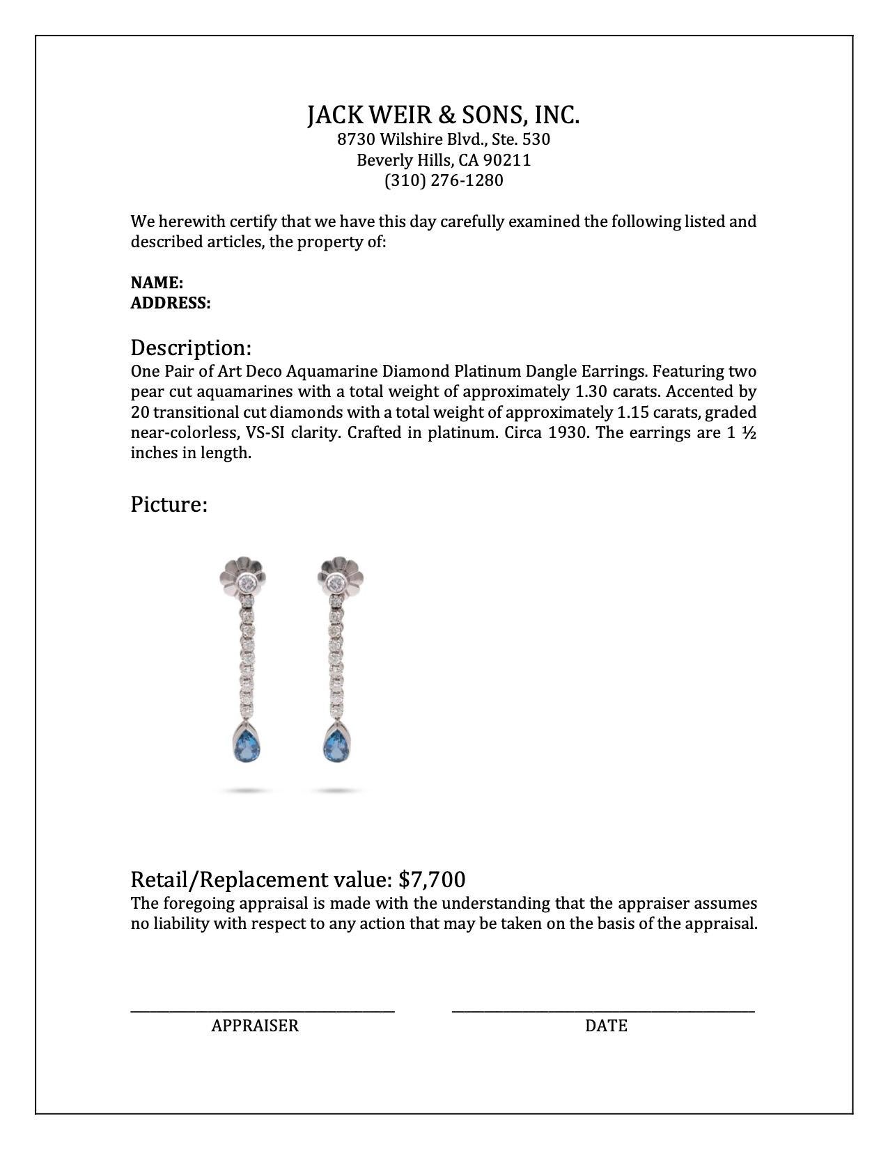 Women's or Men's Art Deco Aquamarine Diamond Platinum Dangle Earrings For Sale