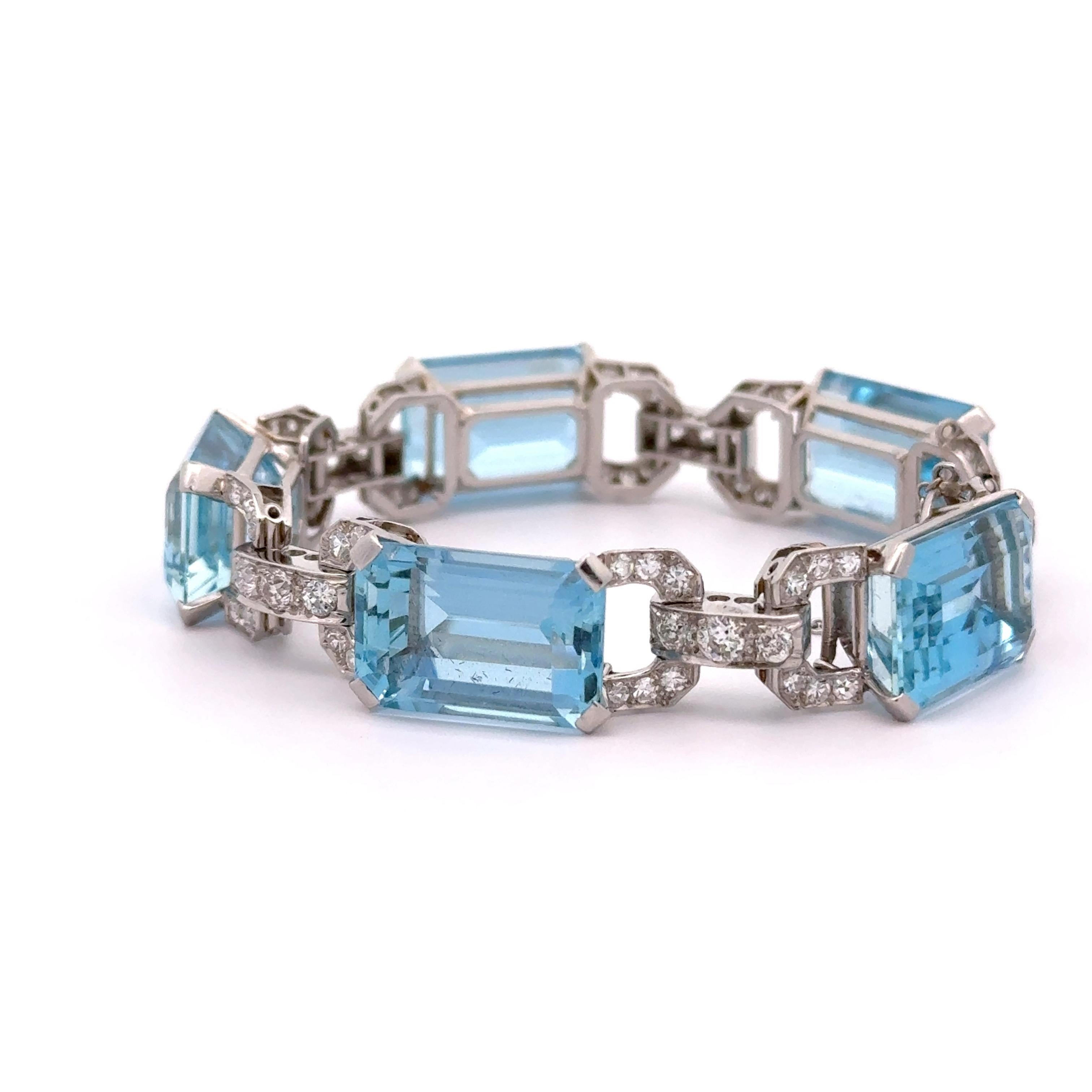 Art Déco Bracciale Art Deco A Link in platino con diamante e acquamarina in vendita