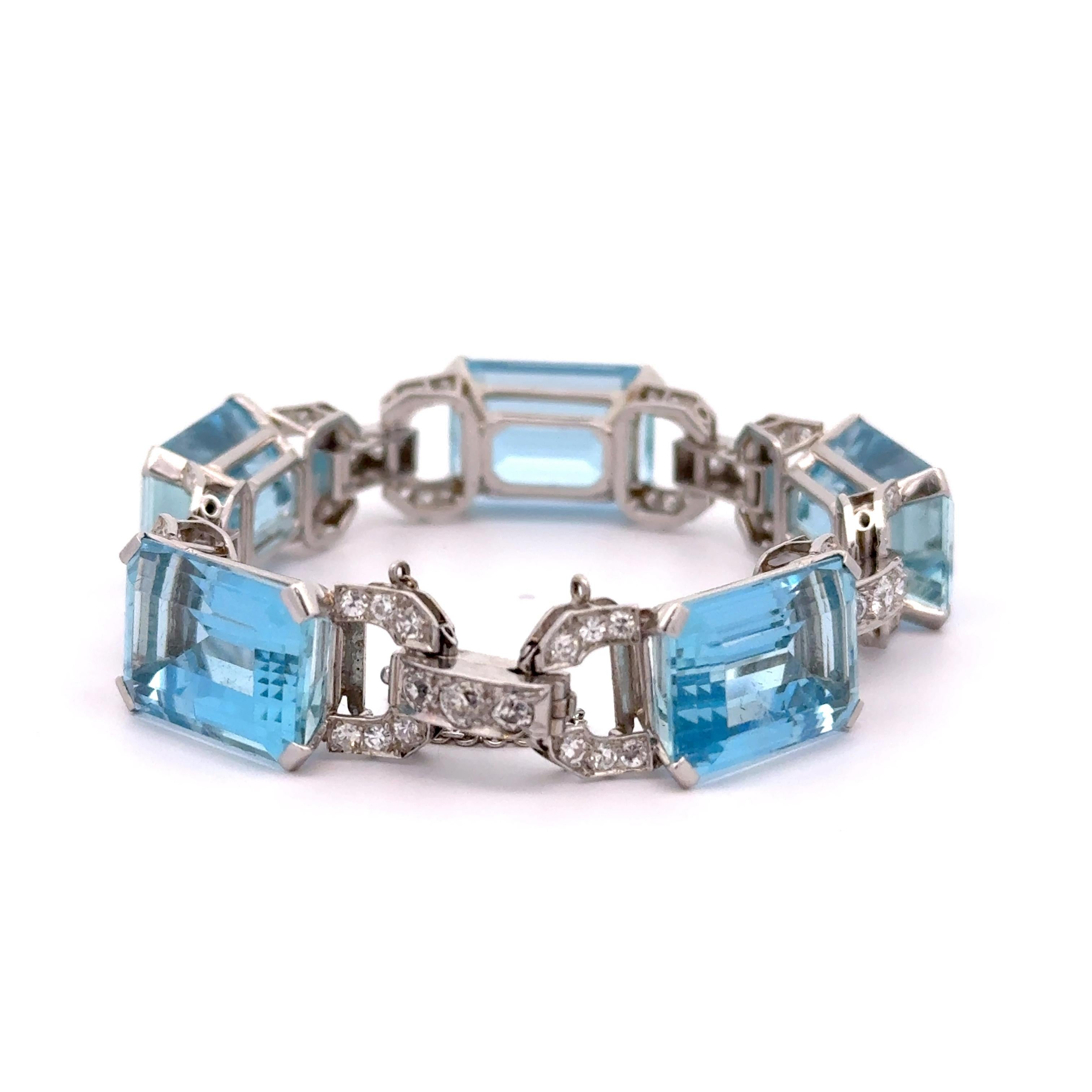 Taglio smeraldo Bracciale Art Deco A Link in platino con diamante e acquamarina in vendita