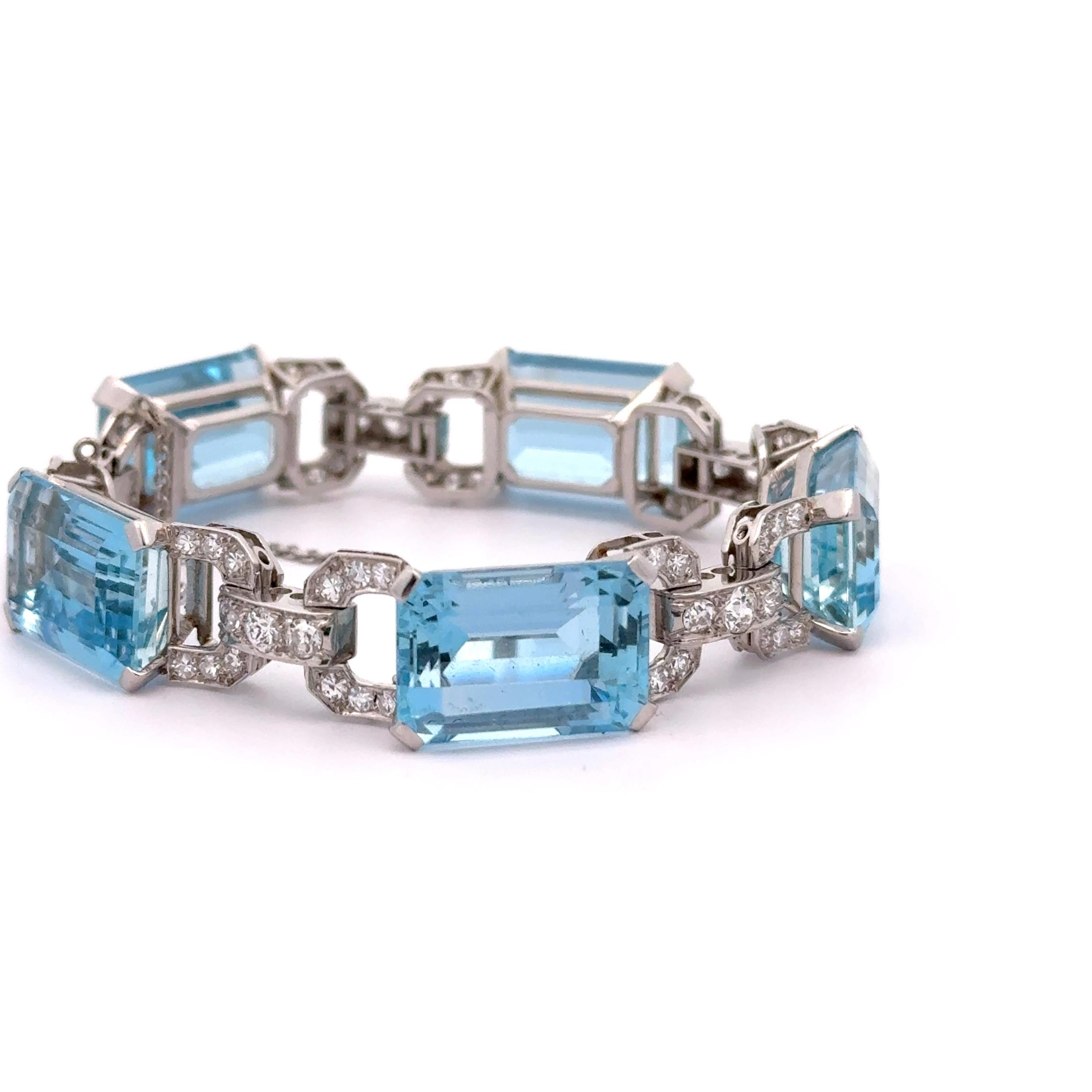 Bracciale Art Deco A Link in platino con diamante e acquamarina In condizioni ottime in vendita a Beverly Hills, CA