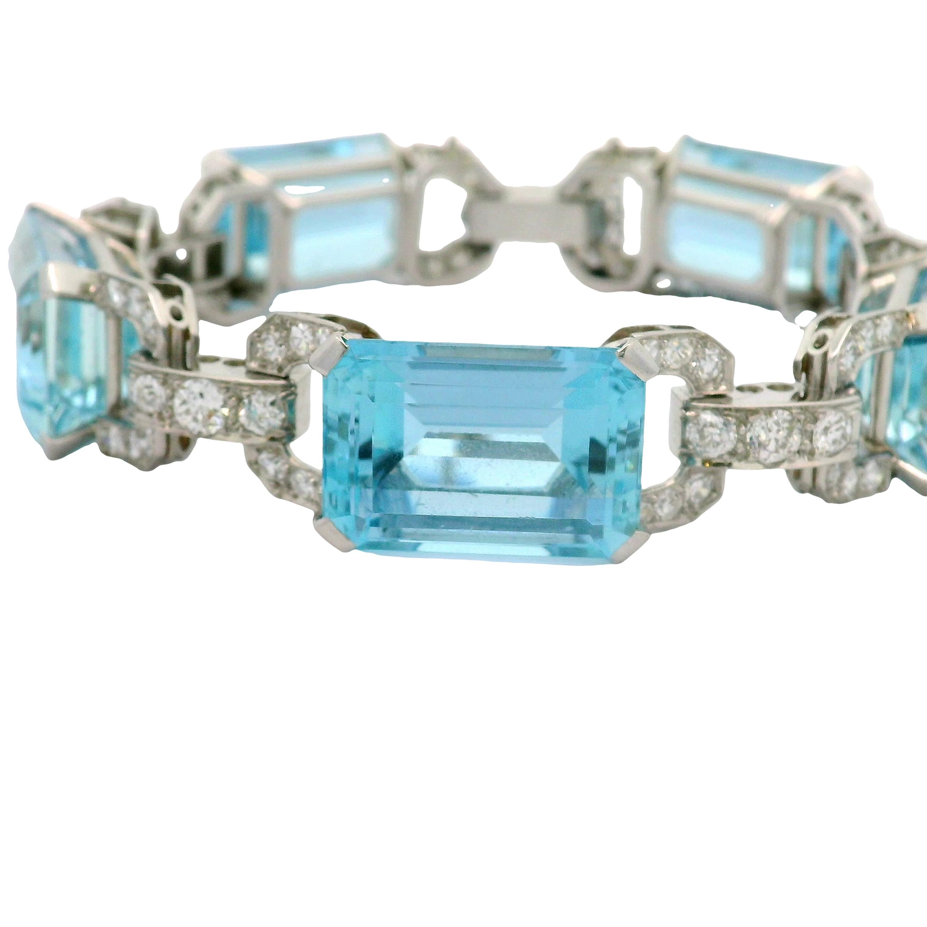 Donna Bracciale Art Deco A Link in platino con diamante e acquamarina in vendita