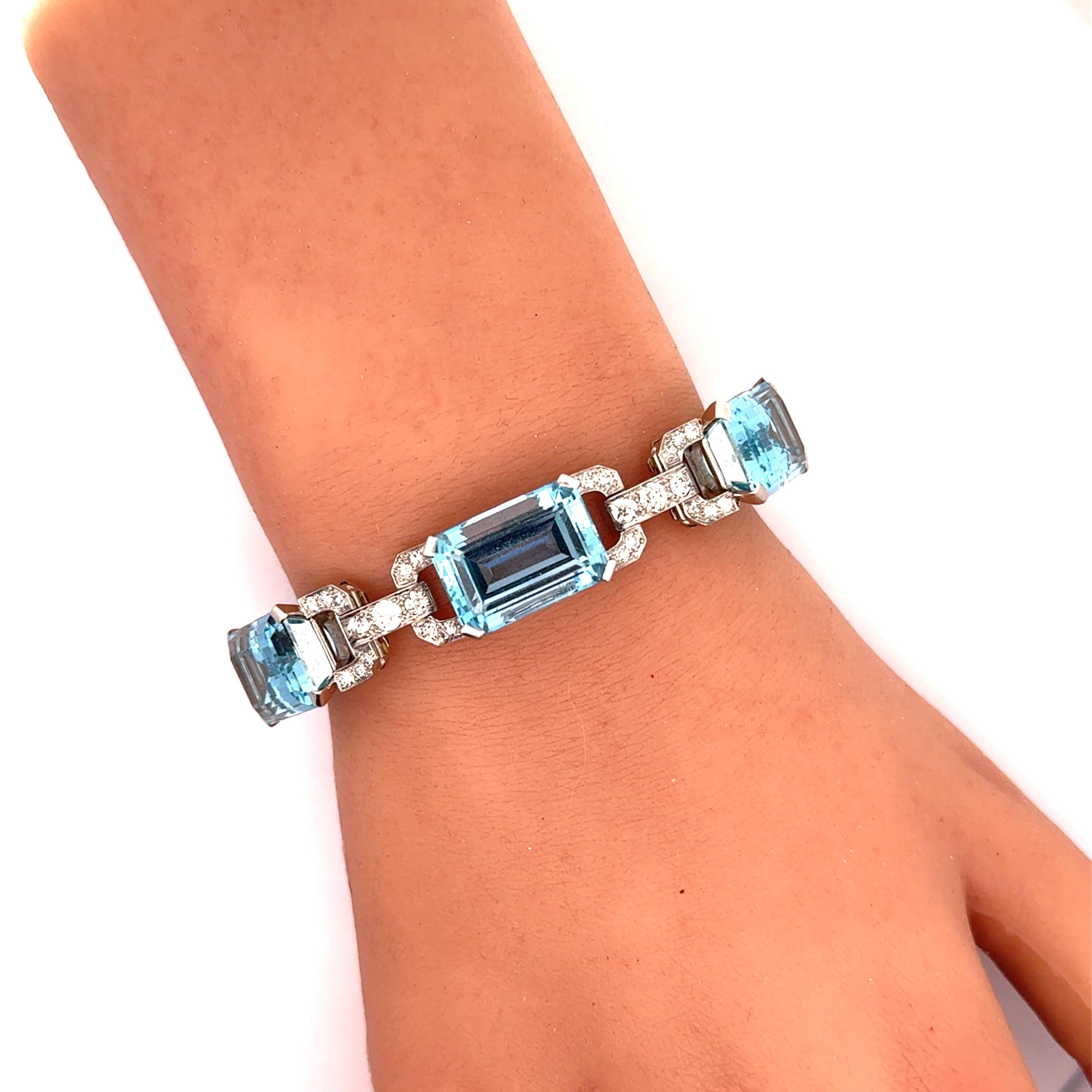 Bracciale Art Deco A Link in platino con diamante e acquamarina in vendita 1