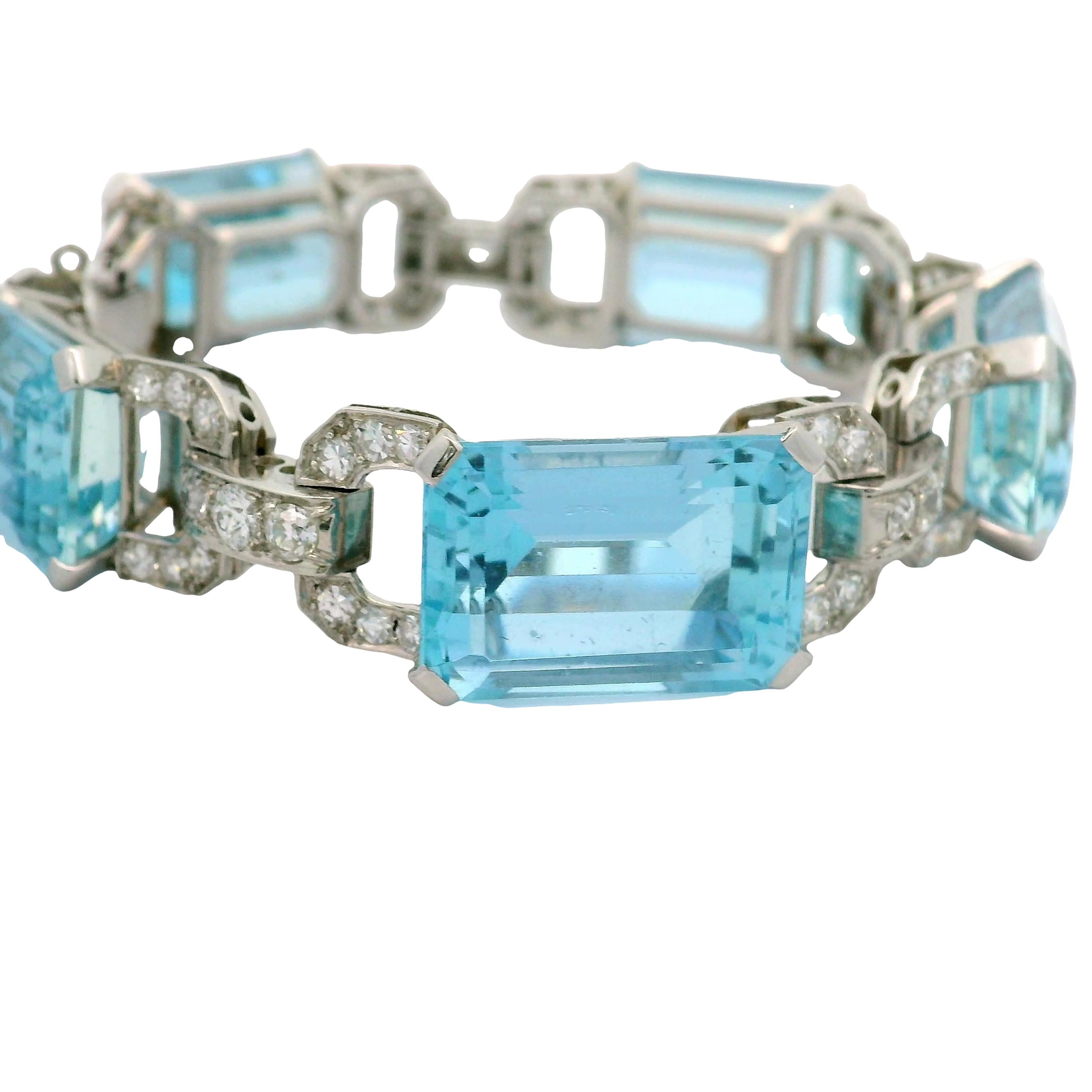 Bracciale Art Deco A Link in platino con diamante e acquamarina in vendita 2