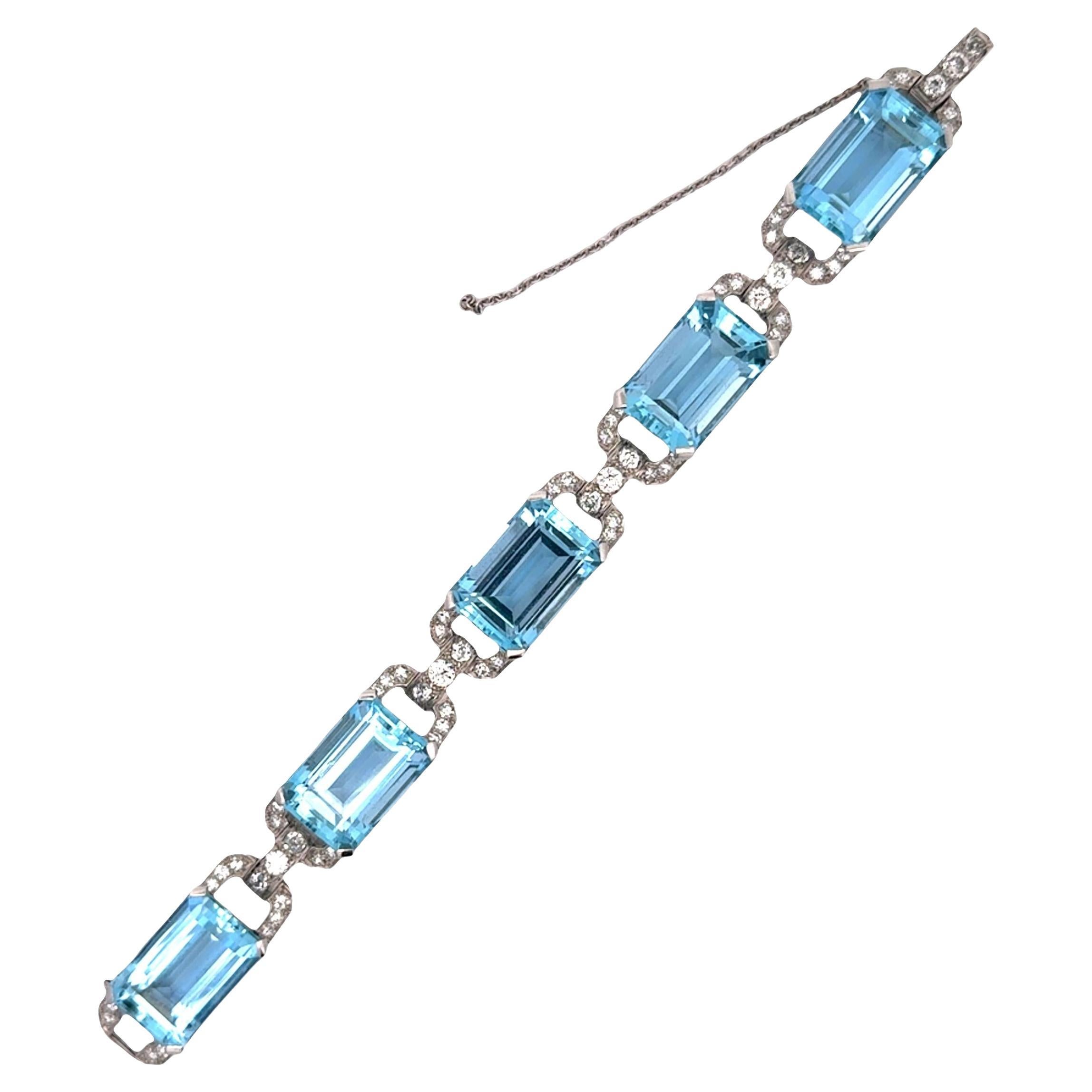 Bracciale Art Deco A Link in platino con diamante e acquamarina in vendita