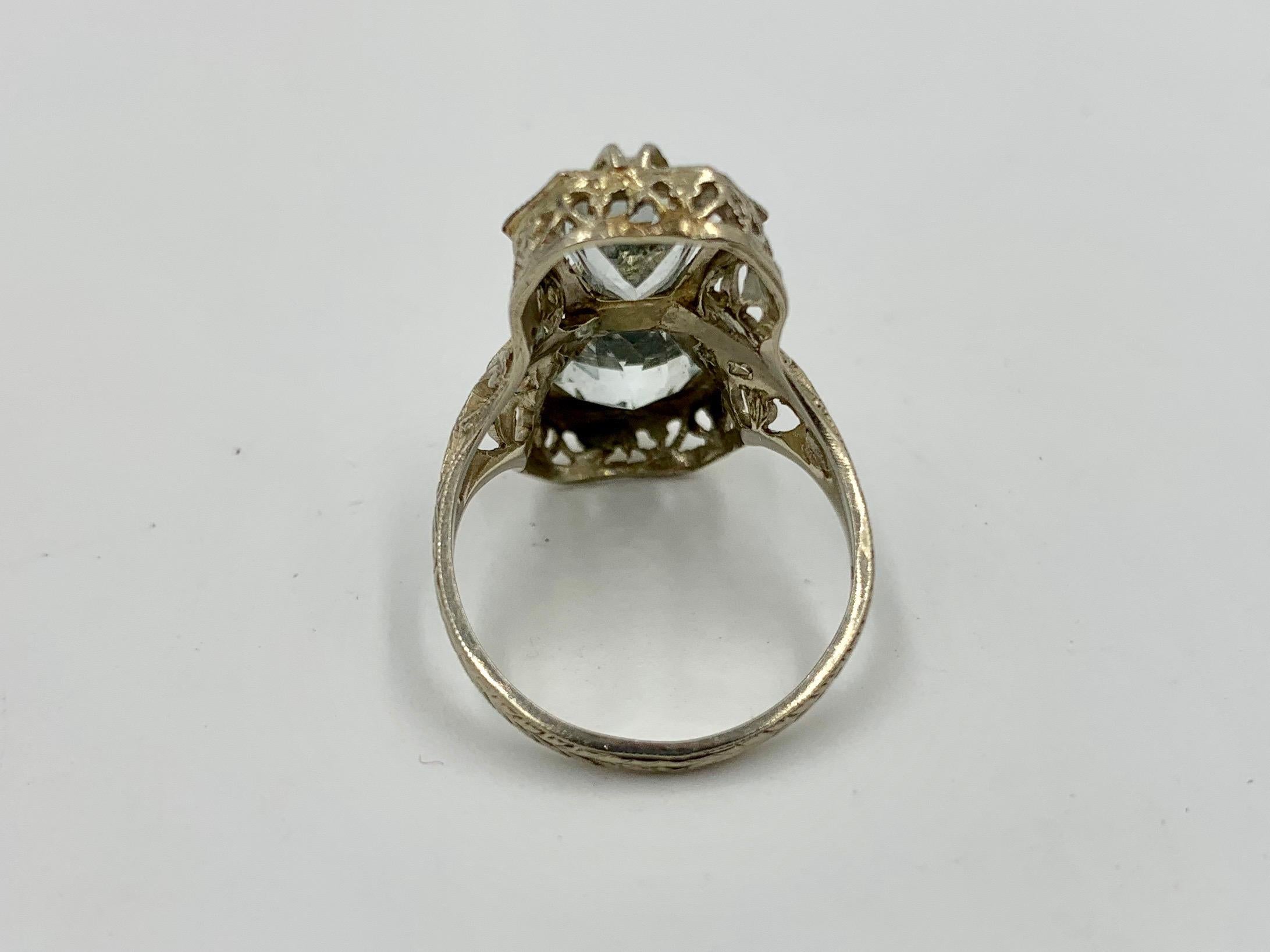 Art Deco Aquamarine Diamond Ring 14 Karat White Gold Engagement Filigree 6