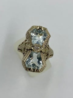 Art Deco Aquamarine Diamond Ring 14 Karat White Gold Engagement Filigree
