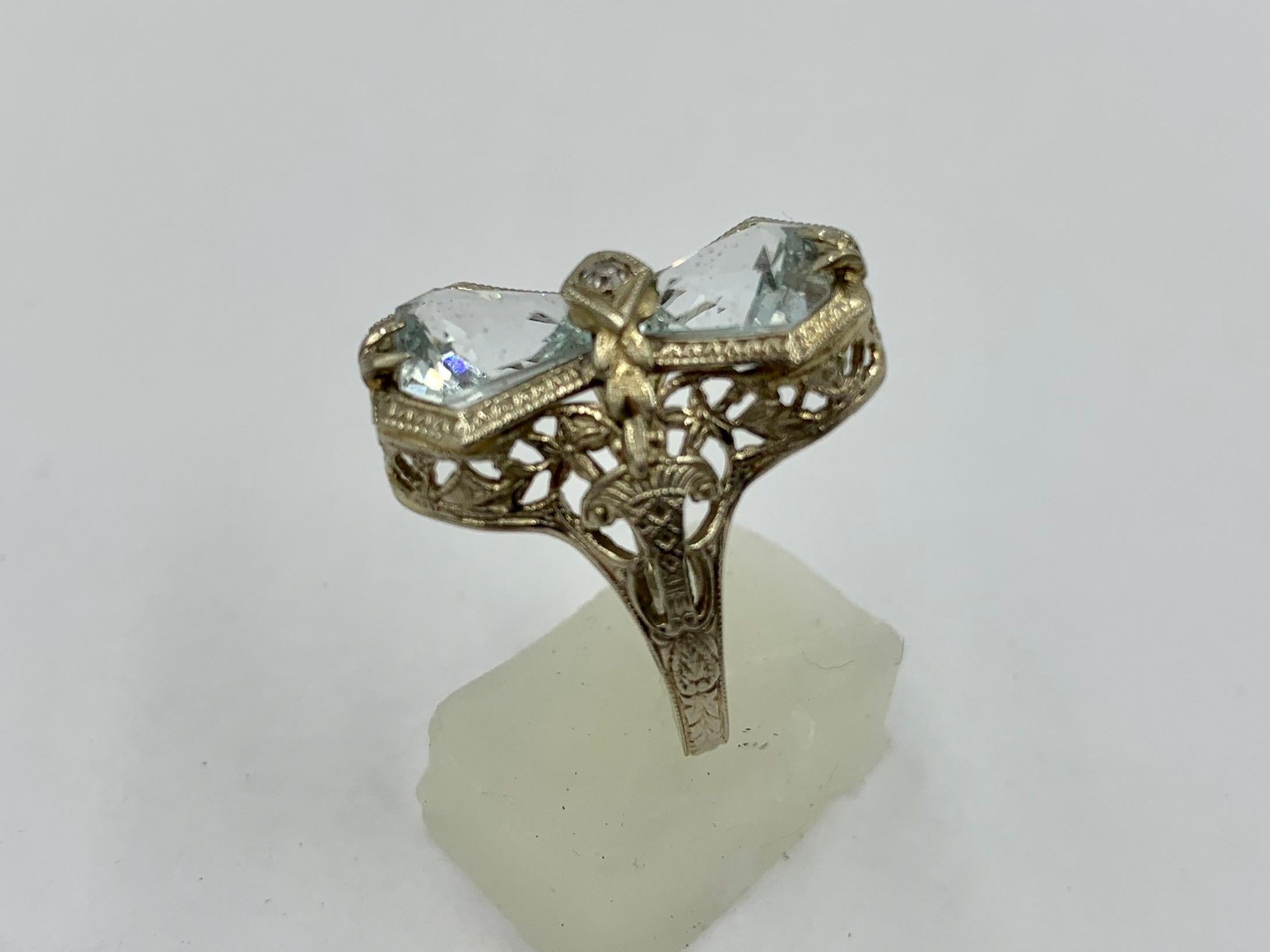 Women's Art Deco Aquamarine Diamond Ring 14 Karat White Gold Engagement Filigree