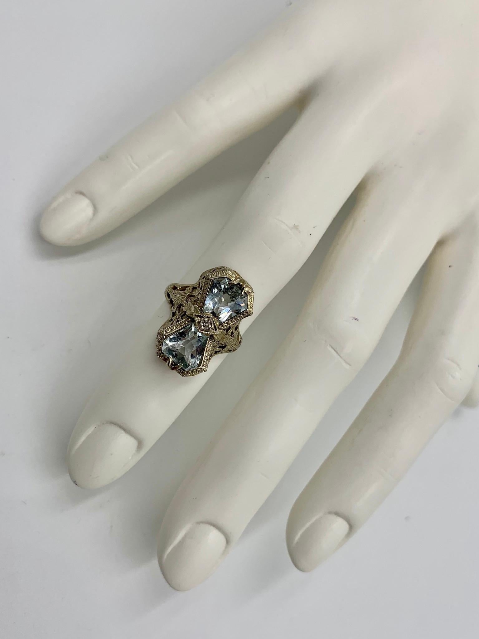 Art Deco Aquamarine Diamond Ring 14 Karat White Gold Engagement Filigree 1