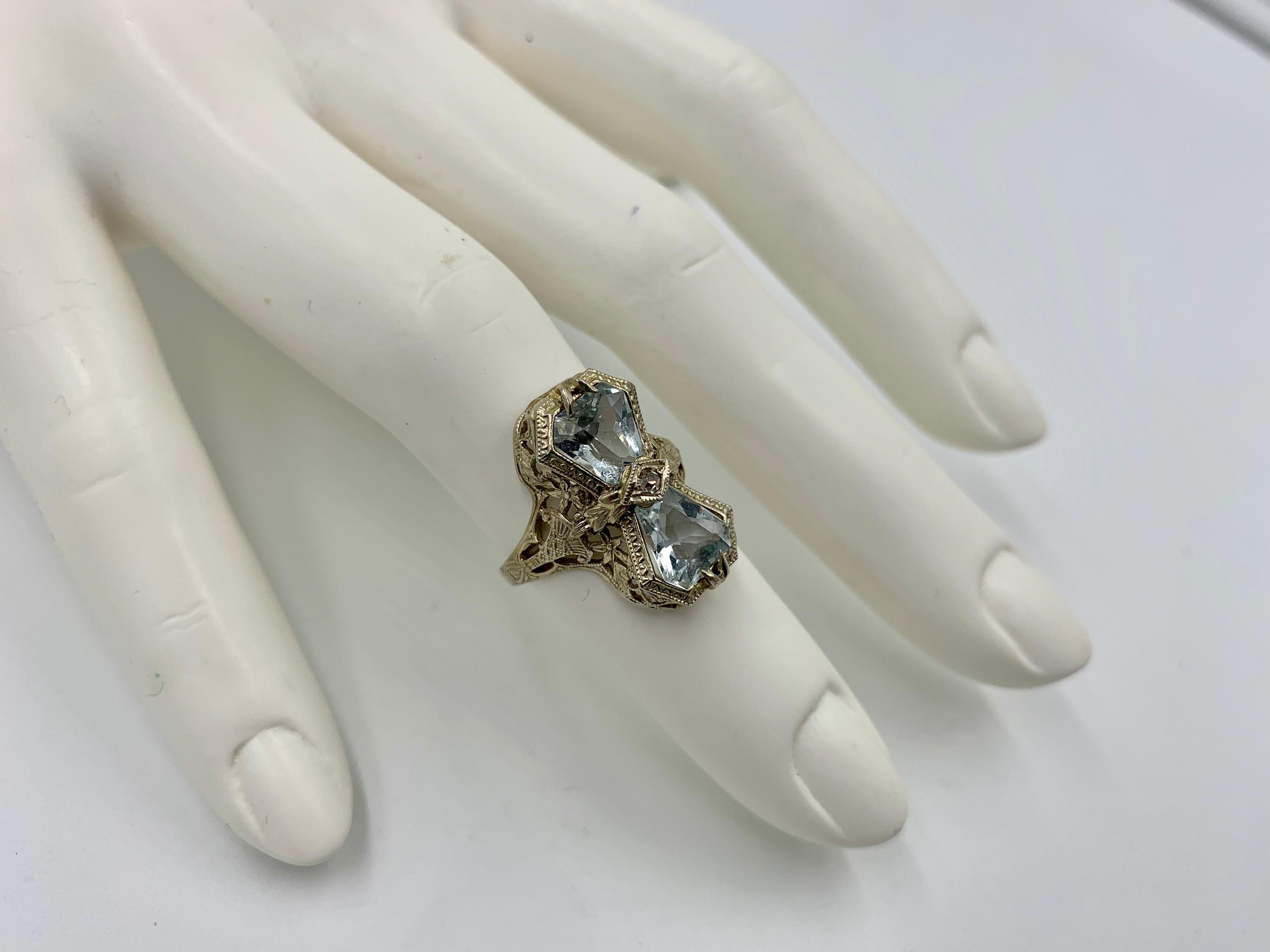 Art Deco Aquamarine Diamond Ring 14 Karat White Gold Engagement Filigree 2