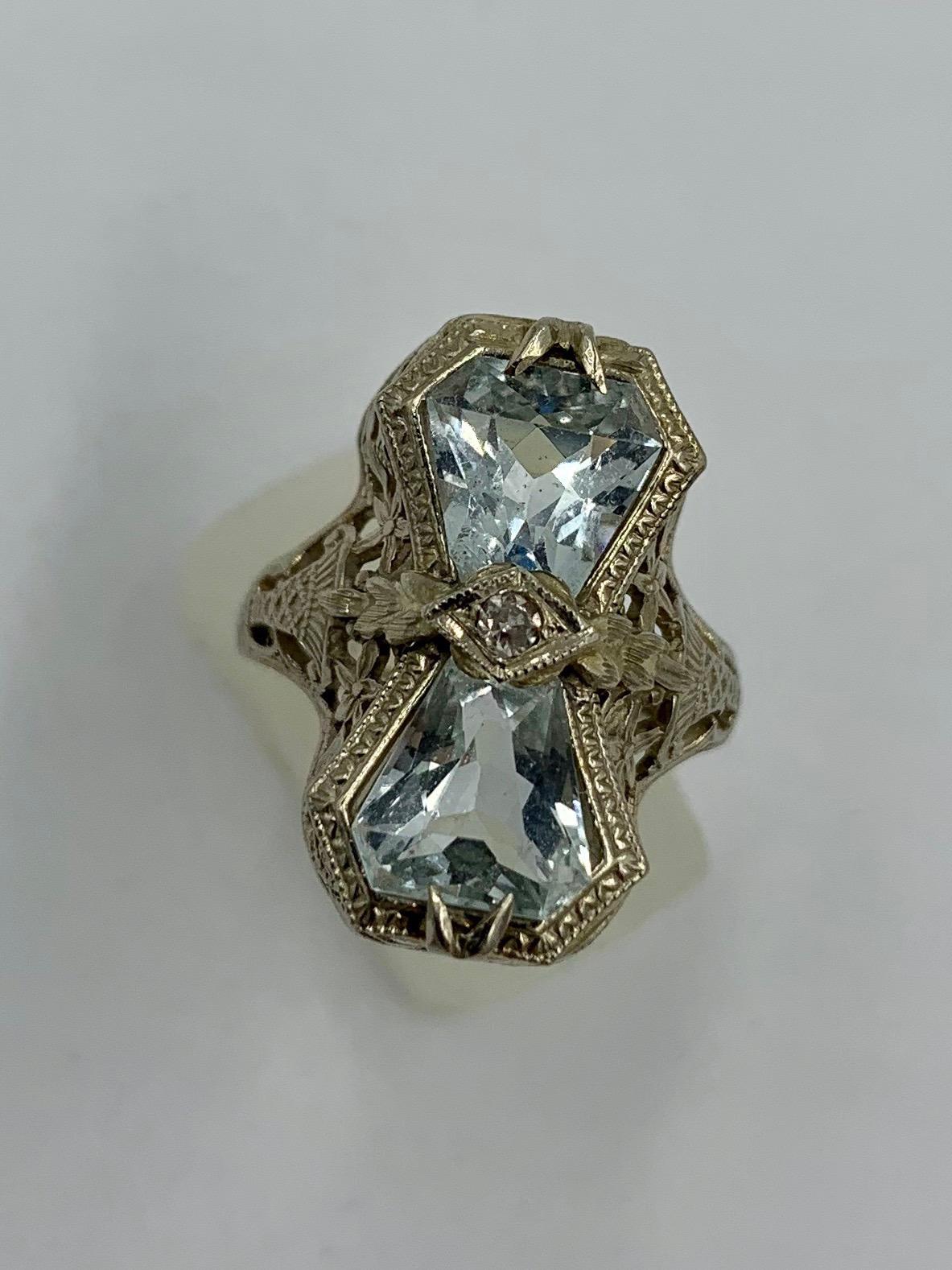 Art Deco Aquamarine Diamond Ring 14 Karat White Gold Engagement Filigree 3