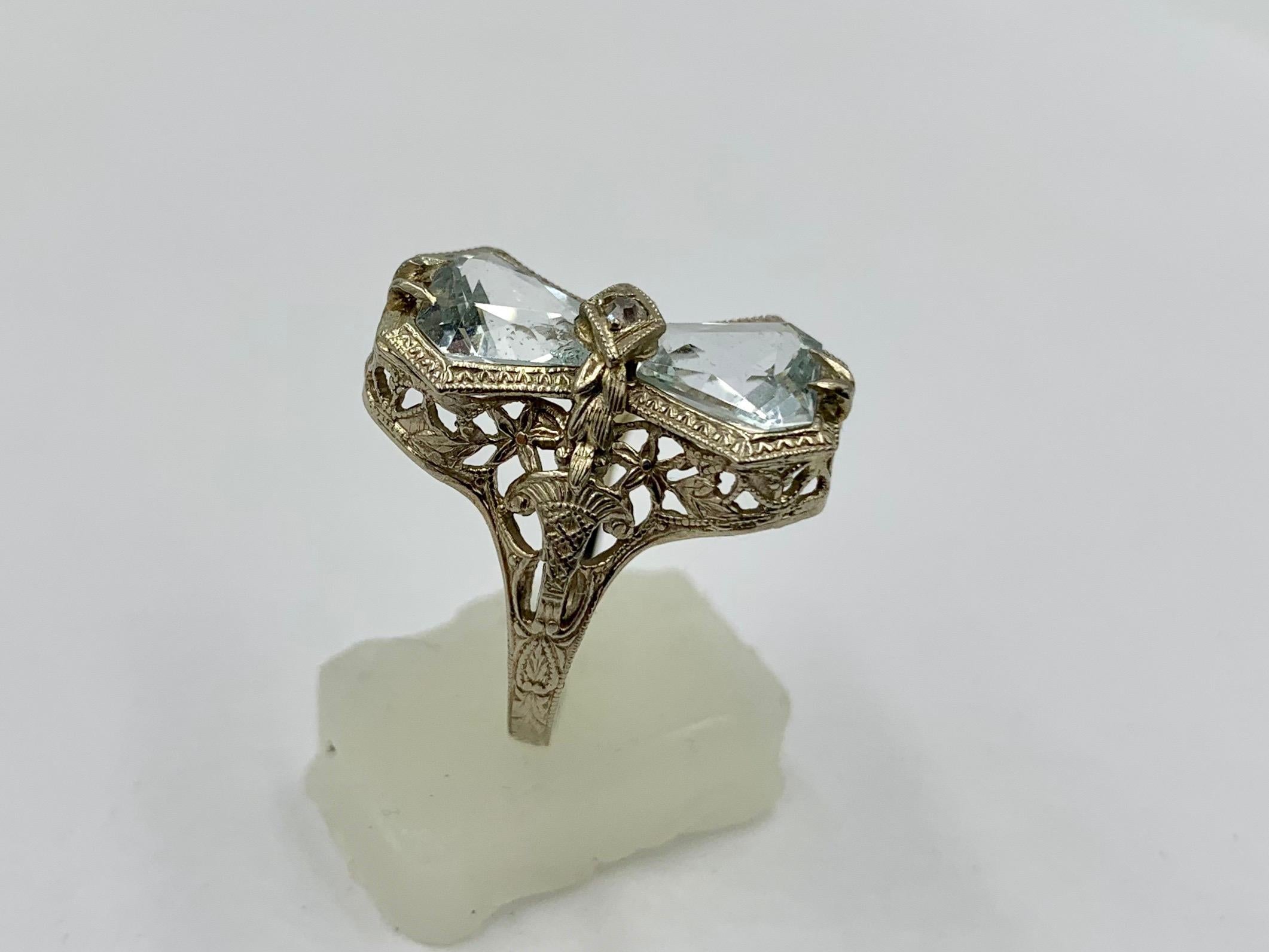 Art Deco Aquamarine Diamond Ring 14 Karat White Gold Engagement Filigree 4