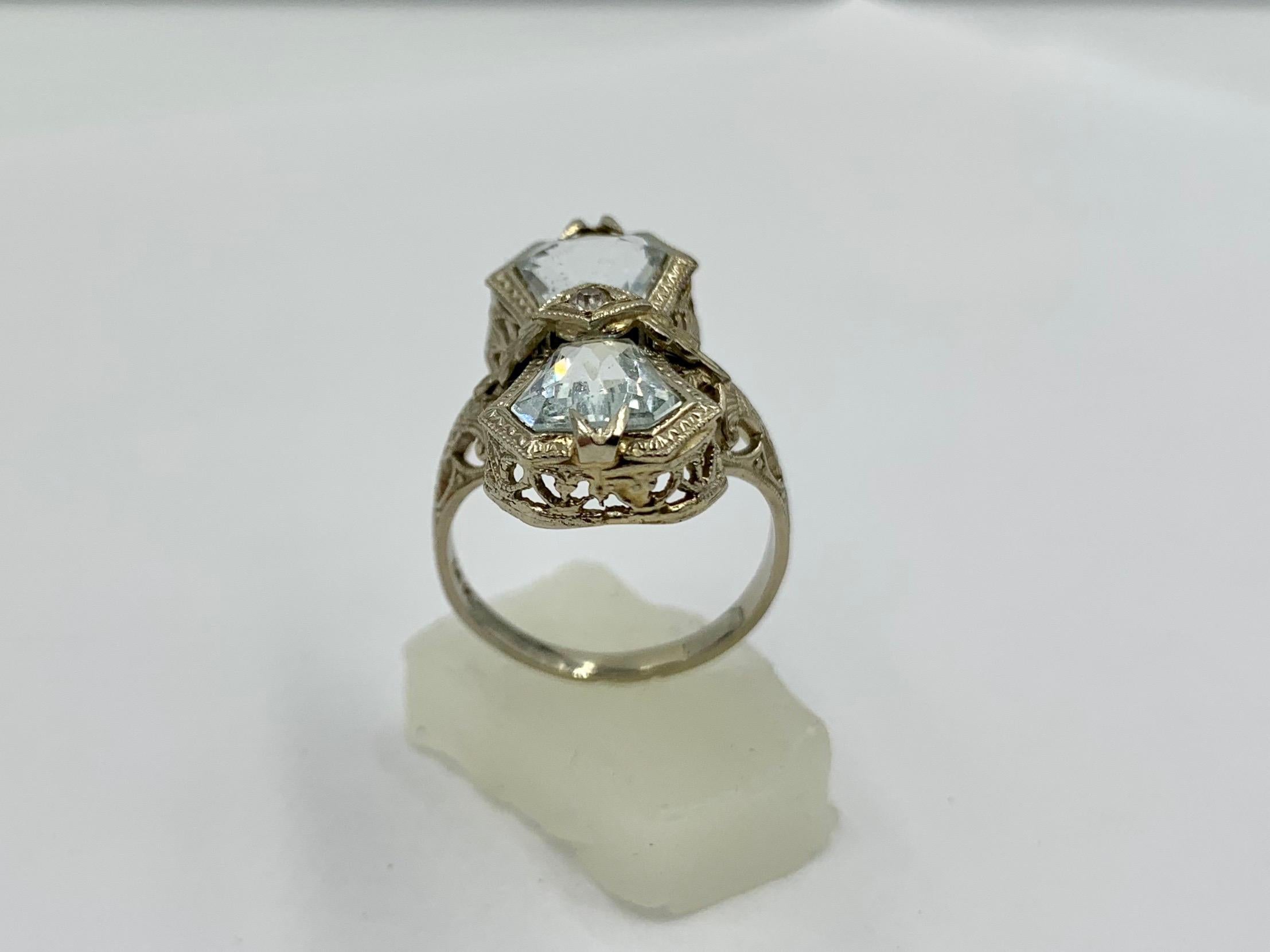 Art Deco Aquamarine Diamond Ring 14 Karat White Gold Engagement Filigree 5