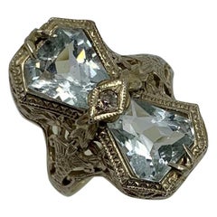 Art Deco Aquamarine Diamond Ring 14 Karat White Gold Engagement Filigree