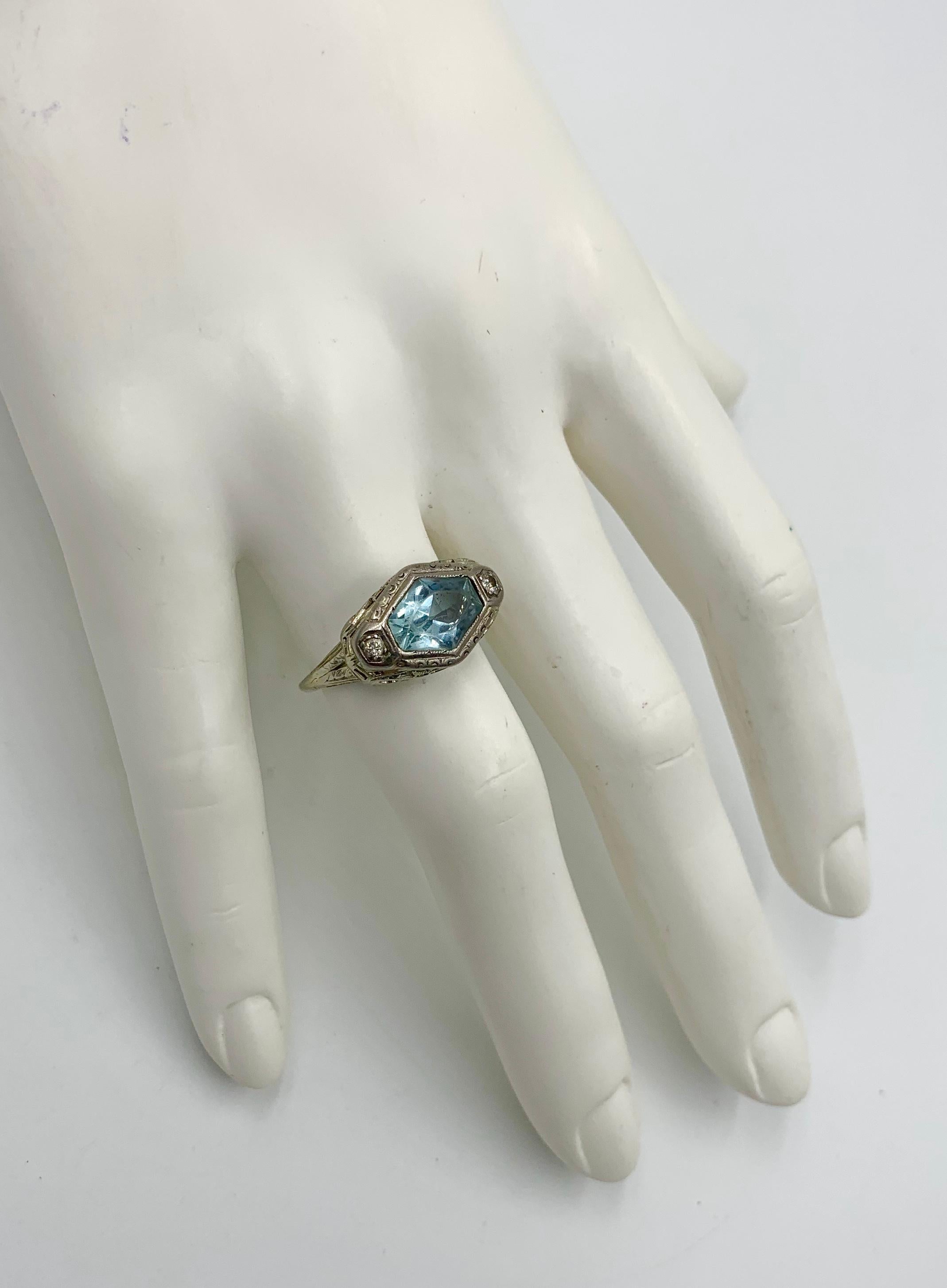 Art Deco Aquamarin Diamant Ring 14 Karat Weißgold Fancy Hexagon Cut Edwardian 5