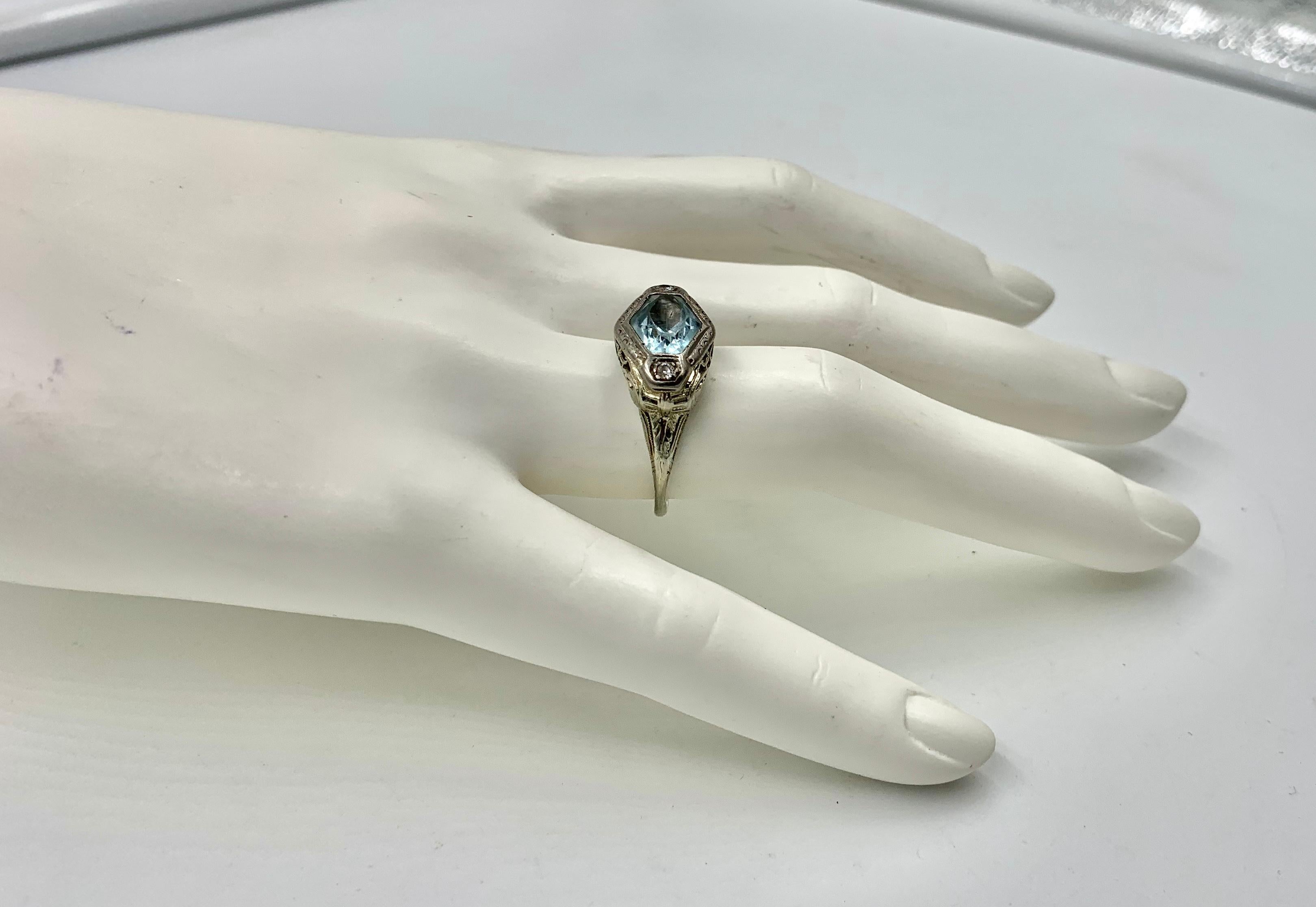 Art Deco Aquamarin Diamant Ring 14 Karat Weißgold Fancy Hexagon Cut Edwardian 6