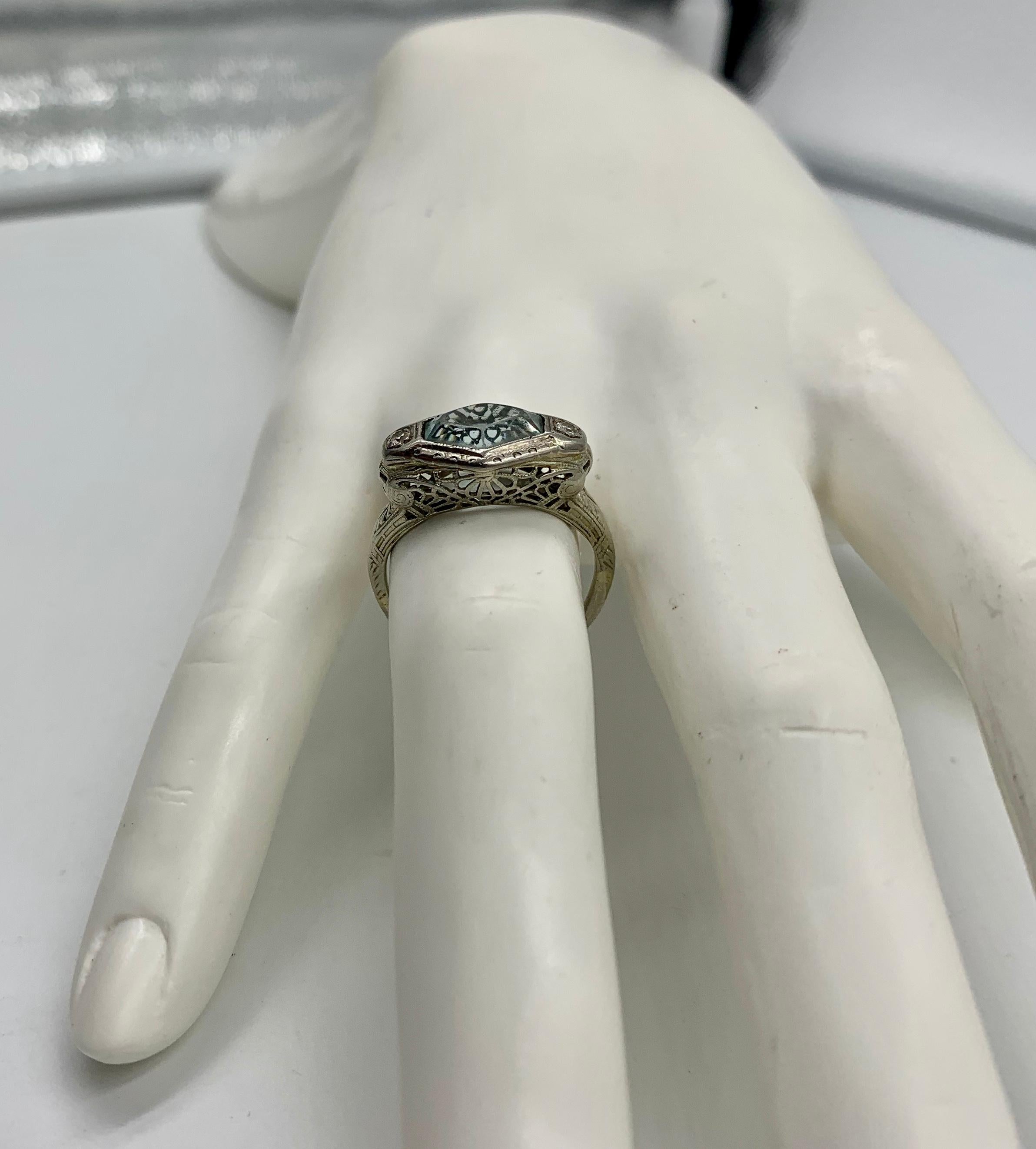 Art Deco Aquamarin Diamant Ring 14 Karat Weißgold Fancy Hexagon Cut Edwardian 7