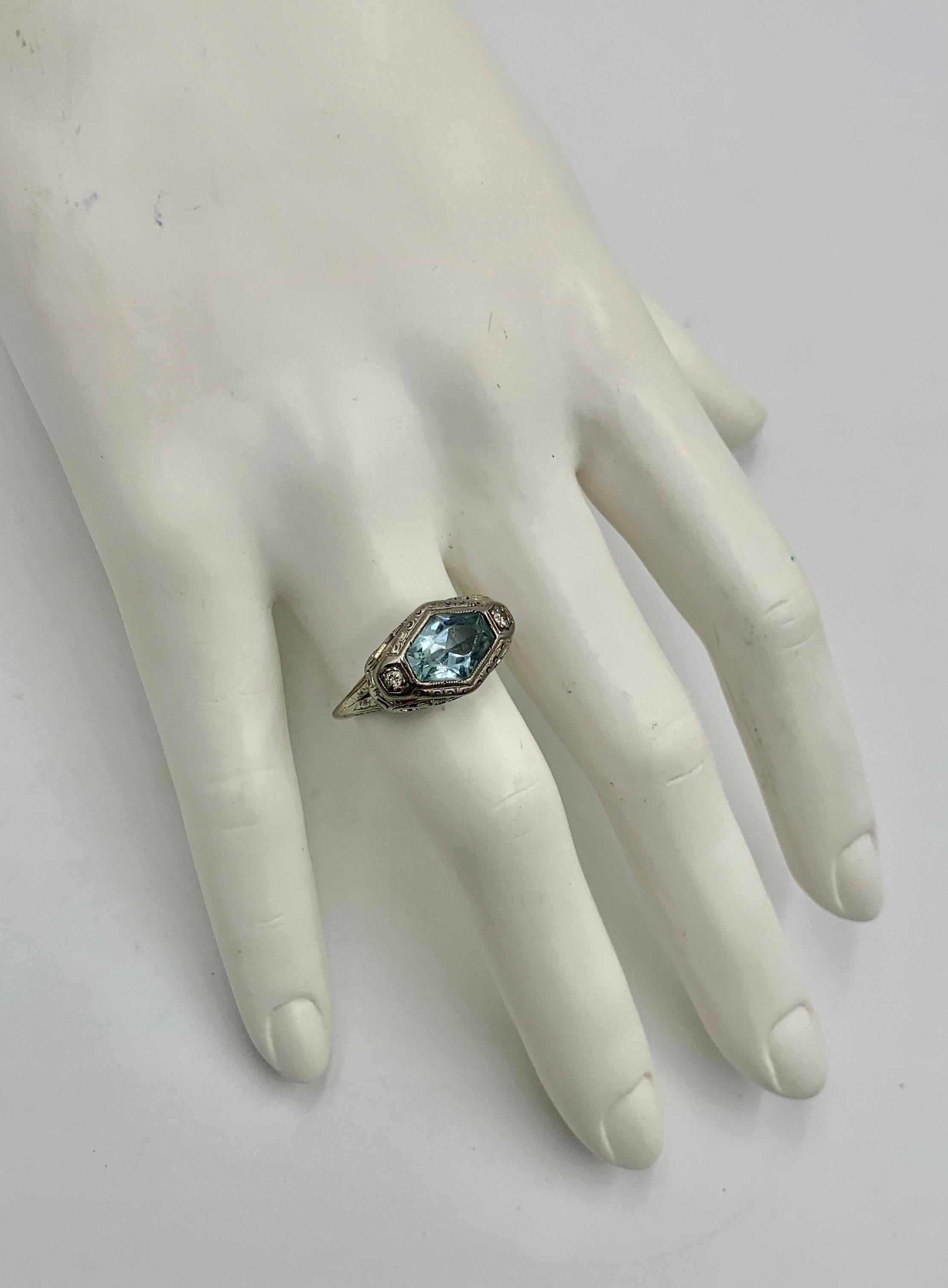 Art Deco Aquamarin Diamant Ring 14 Karat Weißgold Fancy Hexagon Cut Edwardian 8