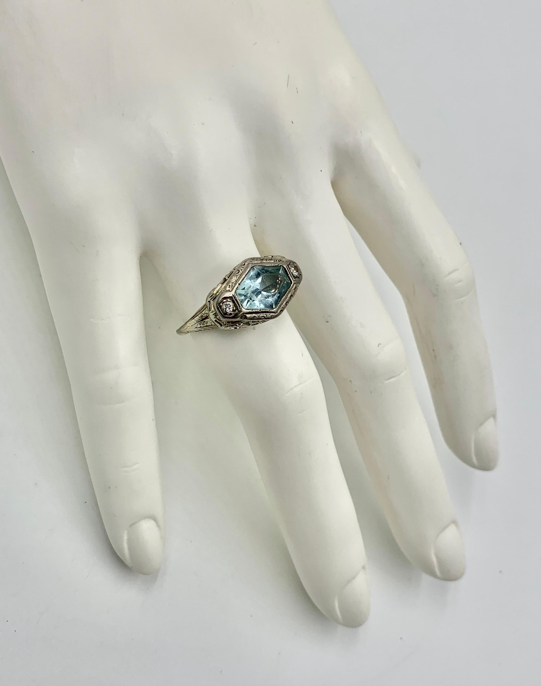 Art Deco Aquamarin Diamant Ring 14 Karat Weißgold Fancy Hexagon Cut Edwardian (Art déco)