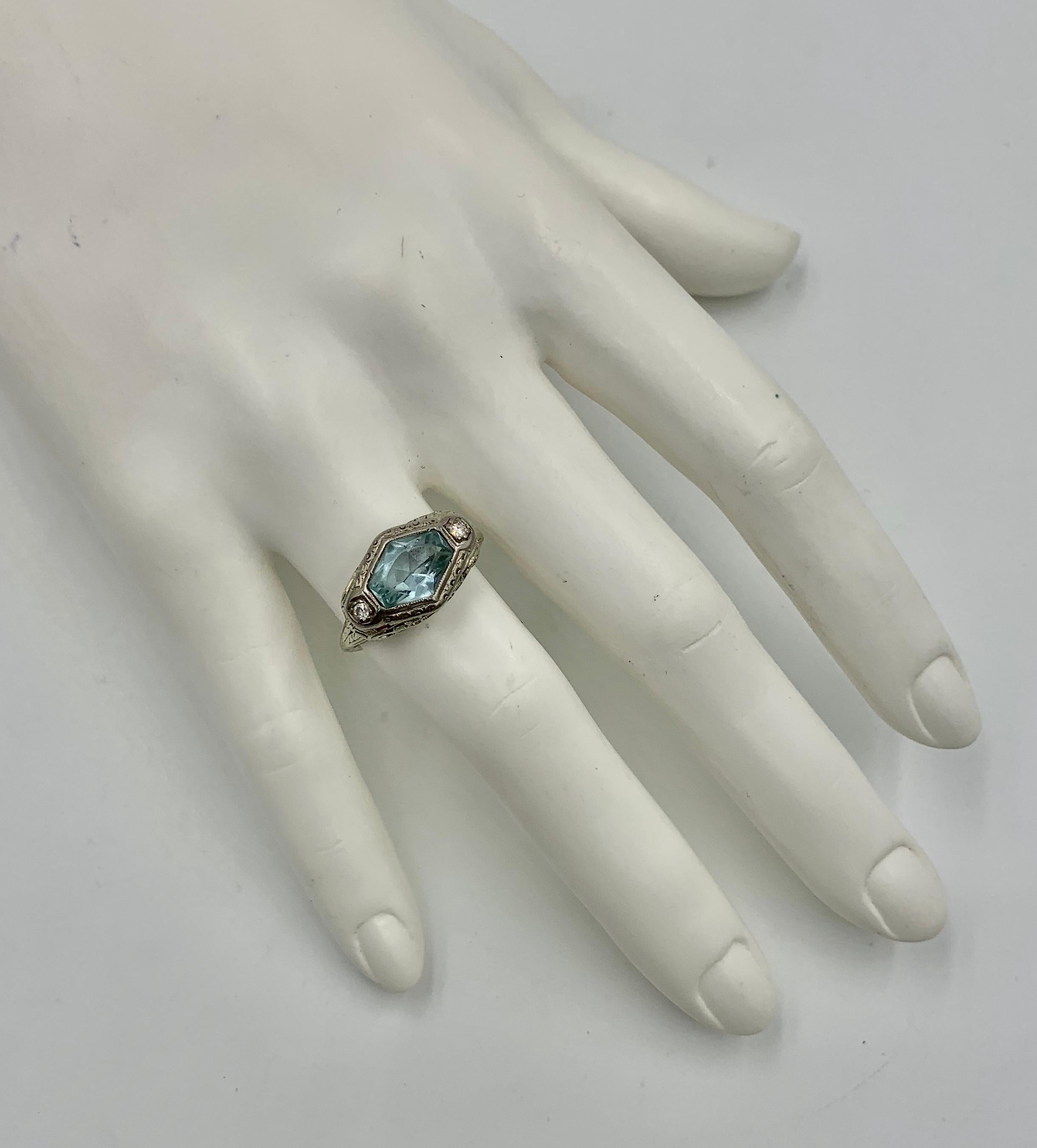Art Deco Aquamarin Diamant Ring 14 Karat Weißgold Fancy Hexagon Cut Edwardian (Hexagonschliff)
