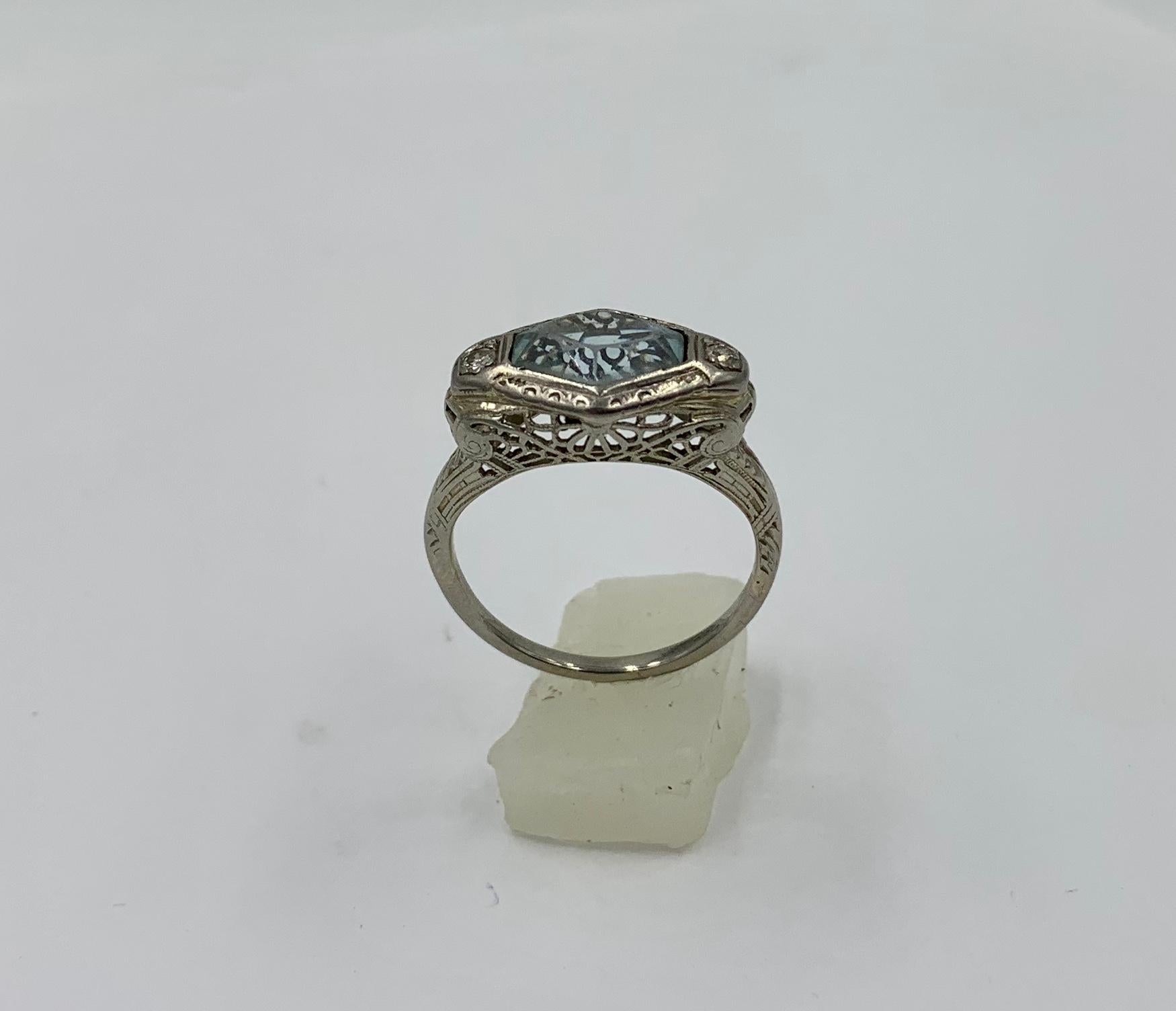Art Deco Aquamarin Diamant Ring 14 Karat Weißgold Fancy Hexagon Cut Edwardian 3