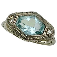 Art Deco Aquamarine Diamond Ring 14 Karat White Gold Fancy Hexagon Cut Edwardian
