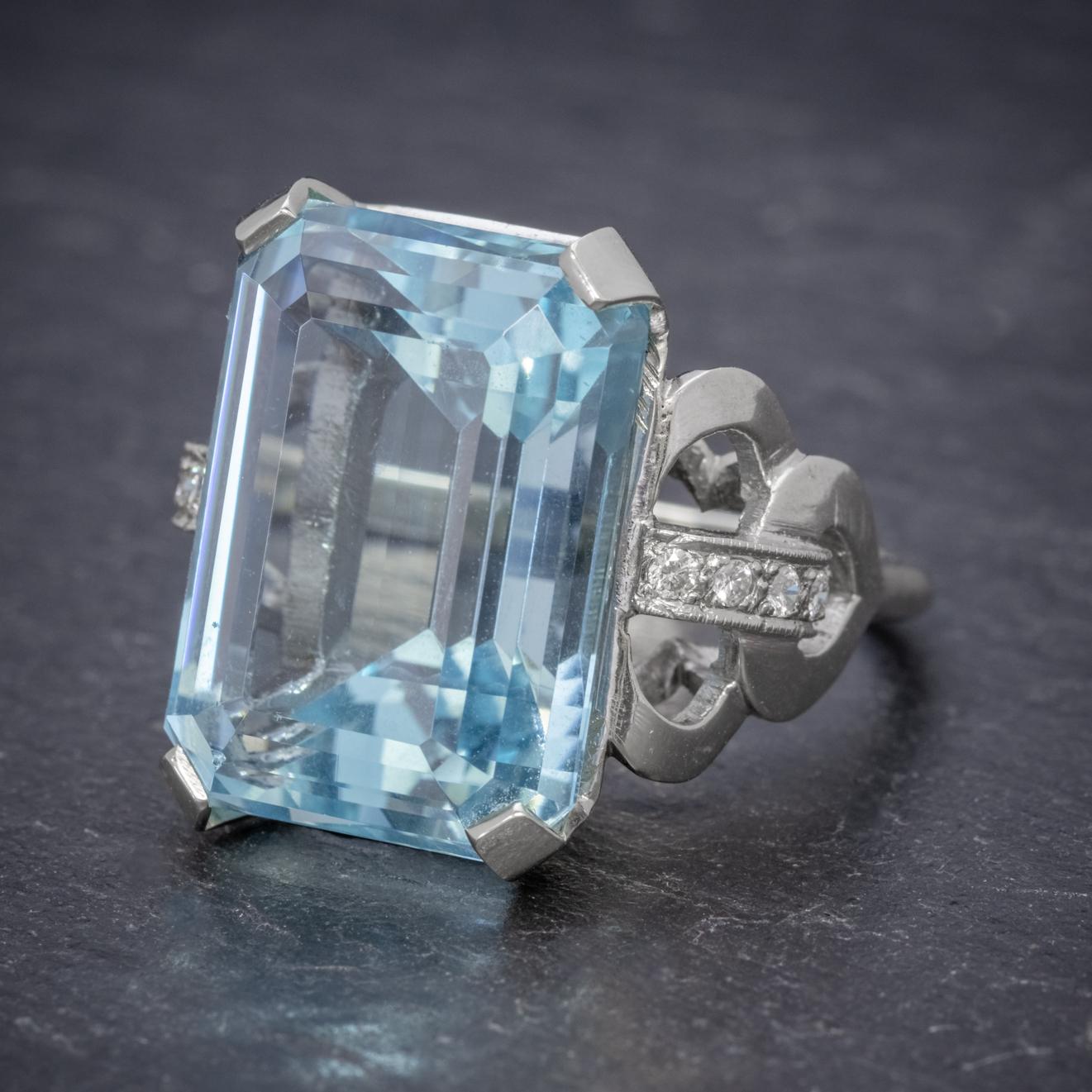 Emerald Cut Art Deco Aquamarine Diamond Ring 14 Carat White Gold 35 Carat Aqua, circa 1930 For Sale