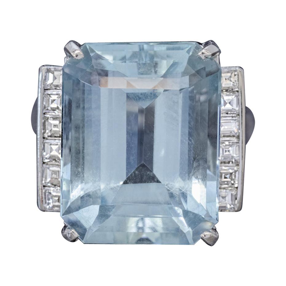 Art Deco Aquamarine Diamond Ring Platinum 12 Carat Aqua, circa 1930 For Sale