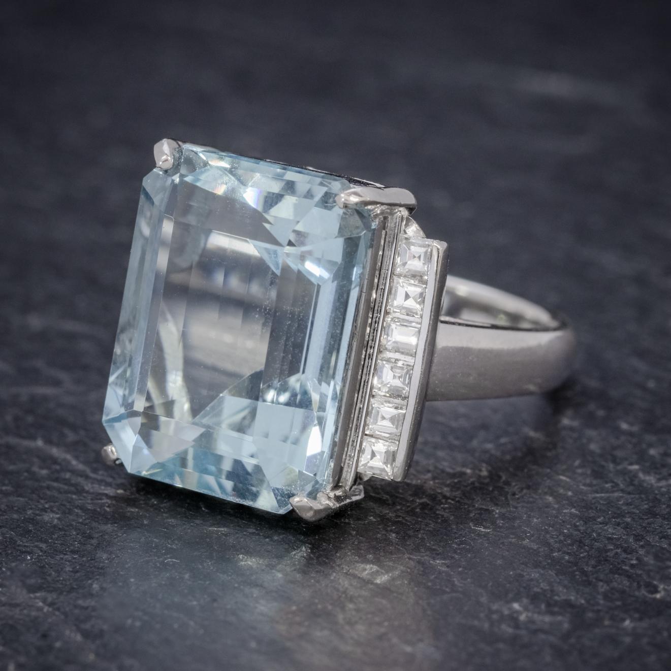 Emerald Cut Art Deco Aquamarine Diamond Ring Platinum 12 Carat Aqua, circa 1930 For Sale