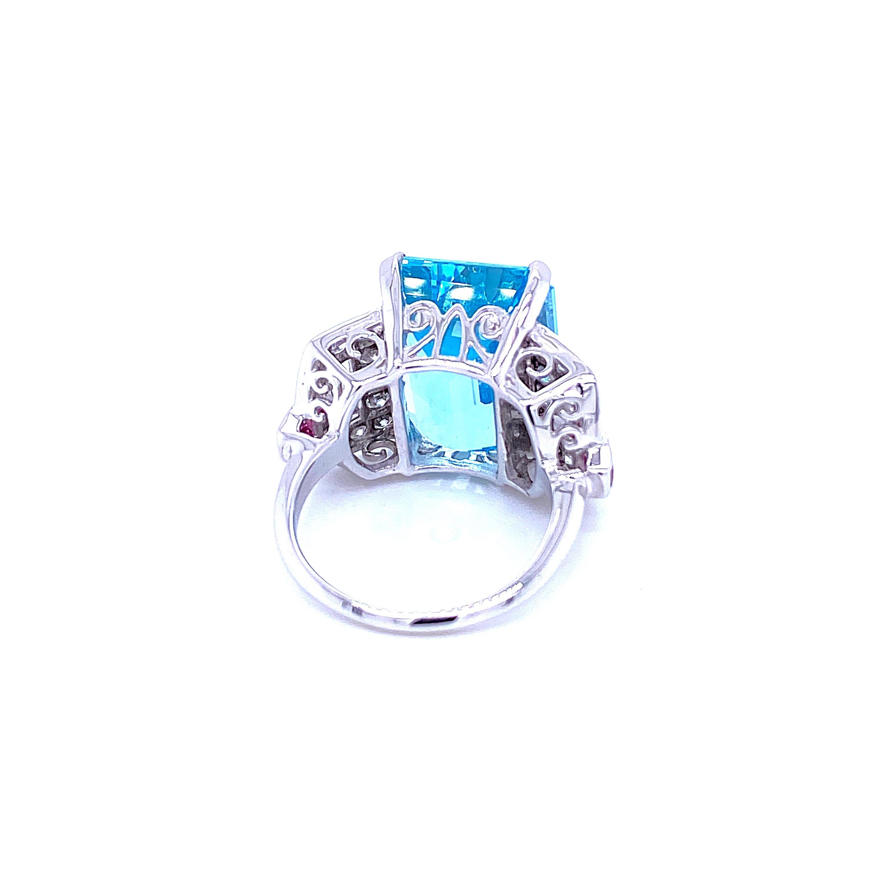 Art Deco 16 Carat Aquamarine Diamond Ruby Gold Ring 7