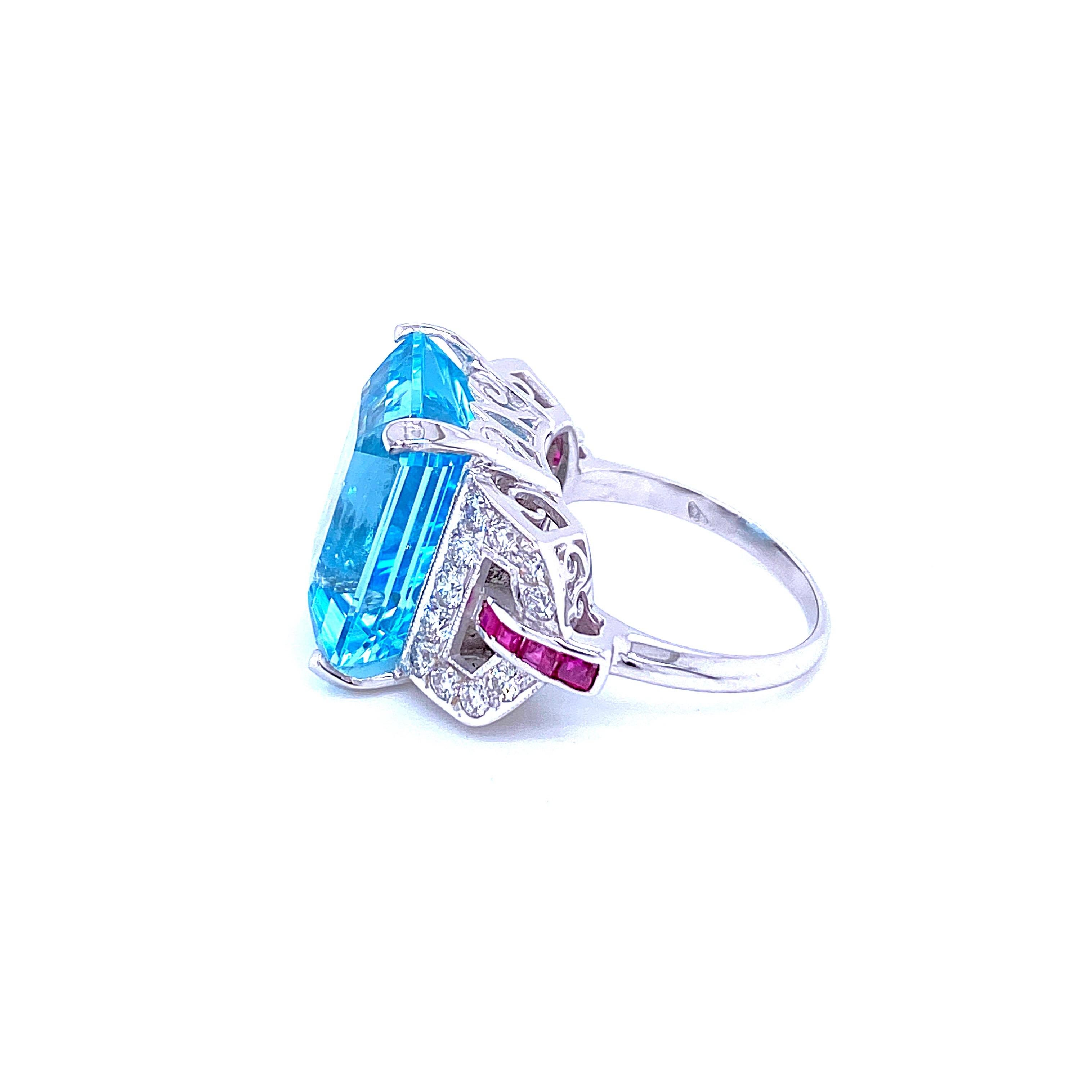 Art Deco 16 Carat Aquamarine Diamond Ruby Gold Ring 8