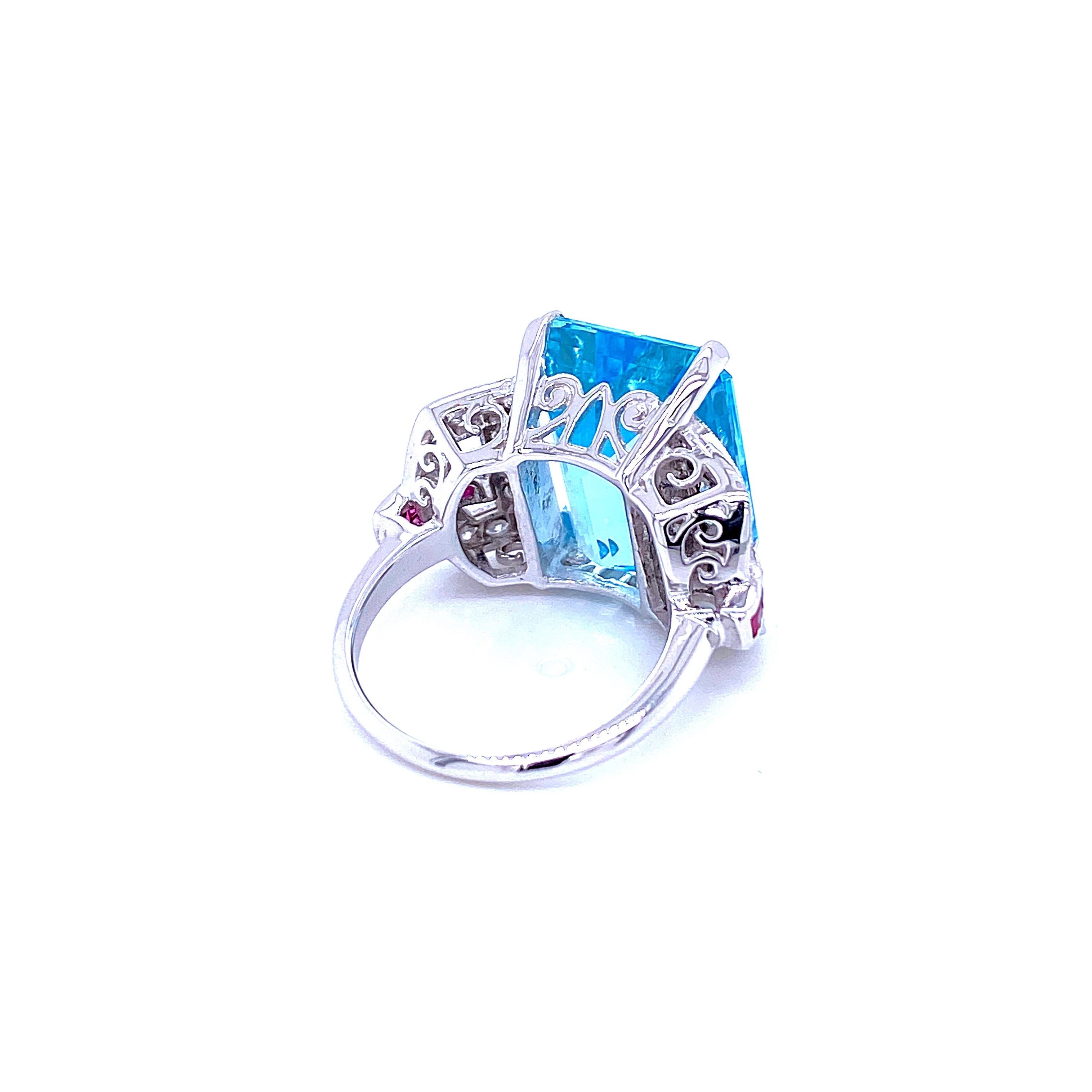 Art Deco 16 Carat Aquamarine Diamond Ruby Gold Ring 9