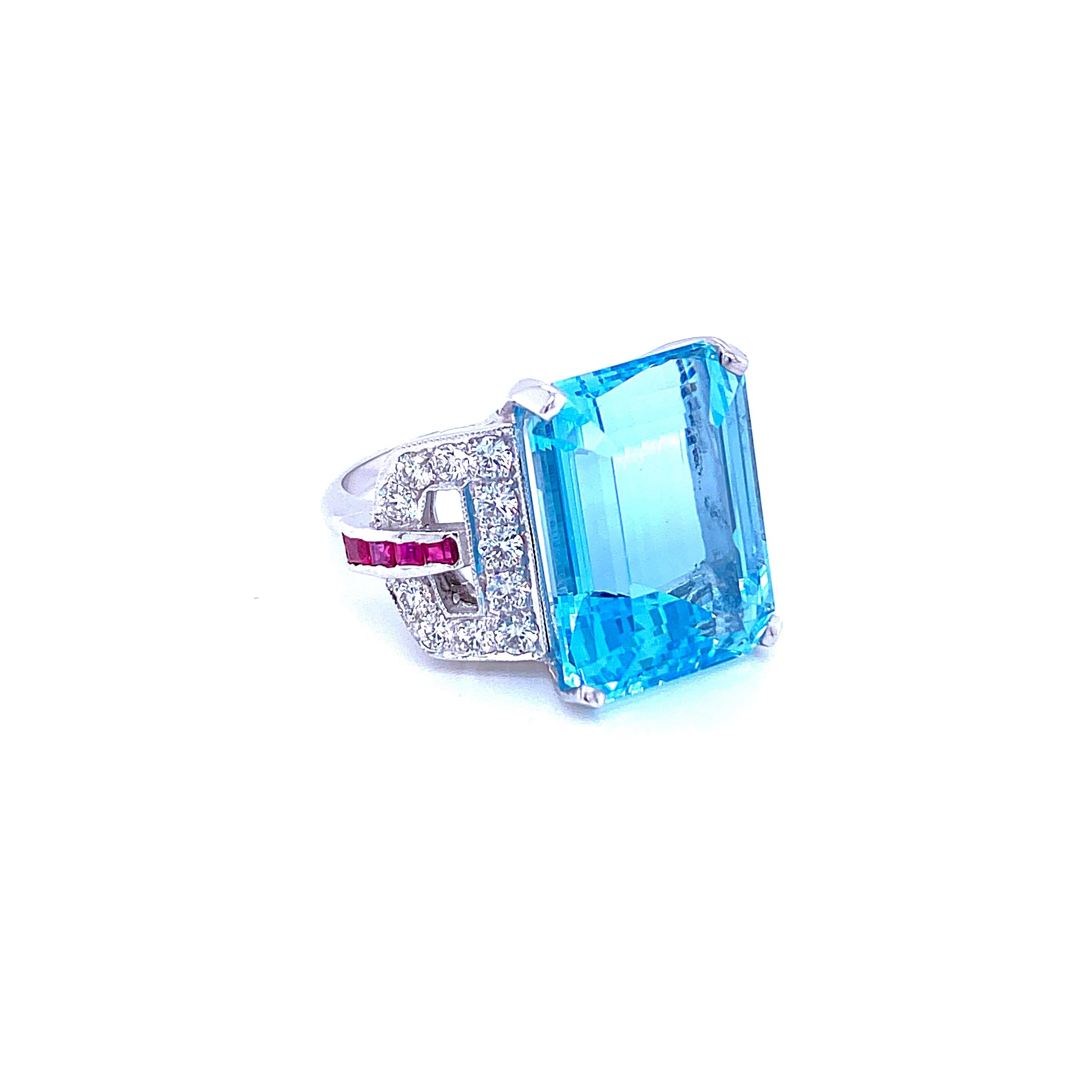 Emerald Cut Art Deco 16 Carat Aquamarine Diamond Ruby Gold Ring