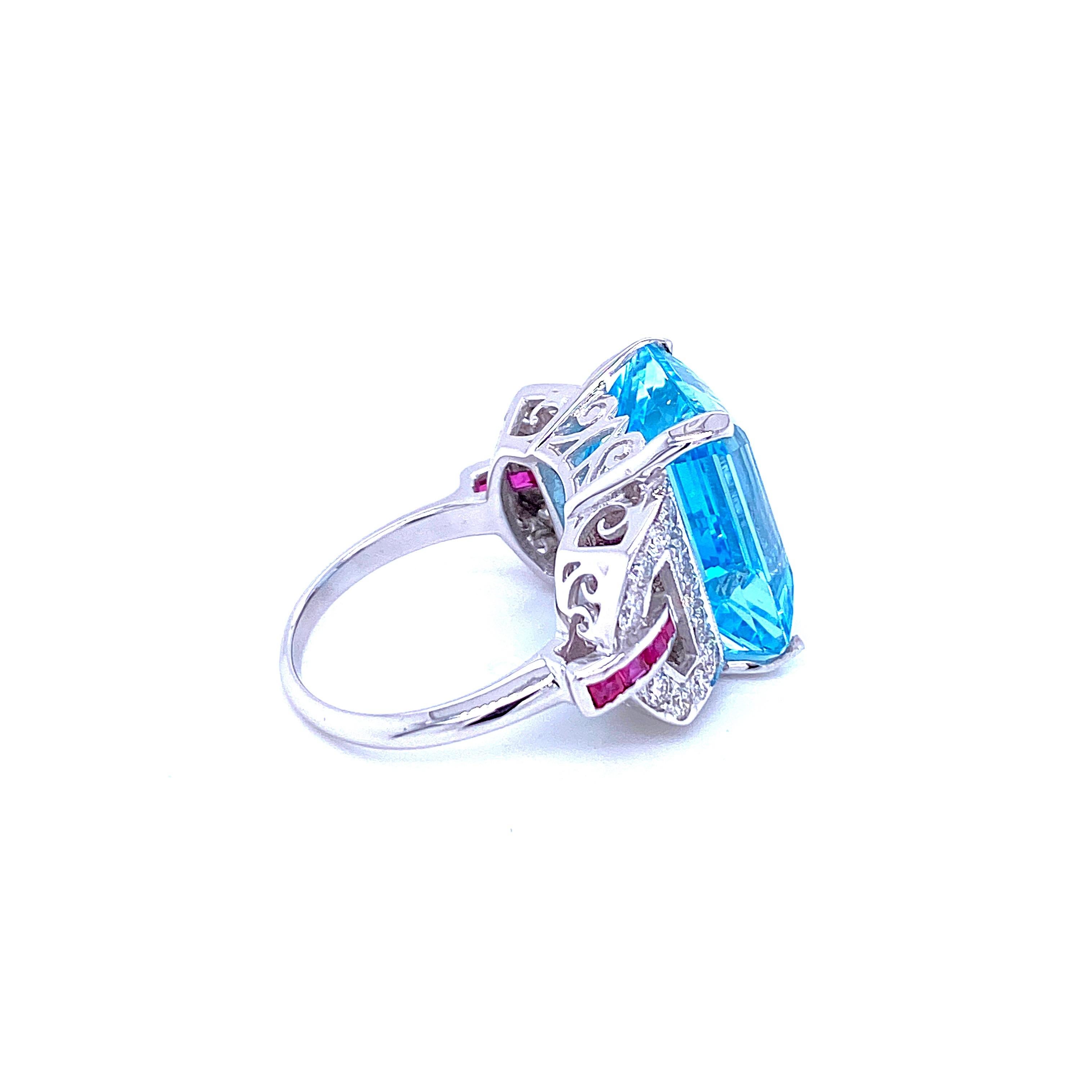 Art Deco 16 Carat Aquamarine Diamond Ruby Gold Ring 1