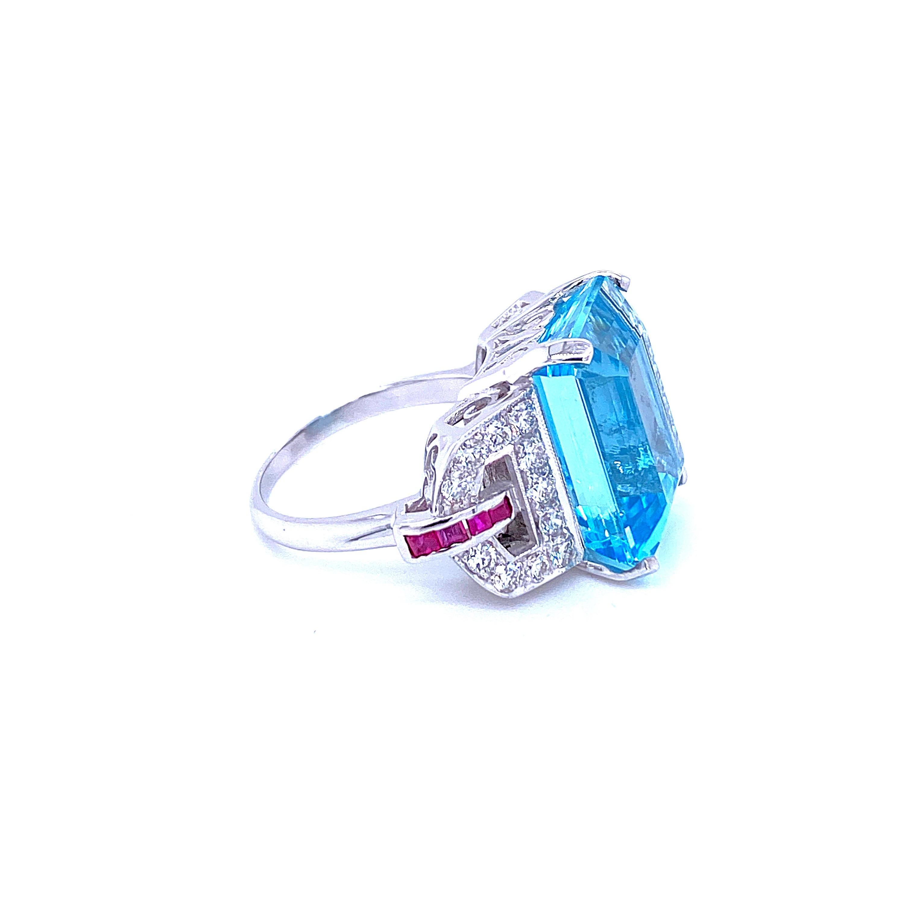 Art Deco 16 Carat Aquamarine Diamond Ruby Gold Ring 2