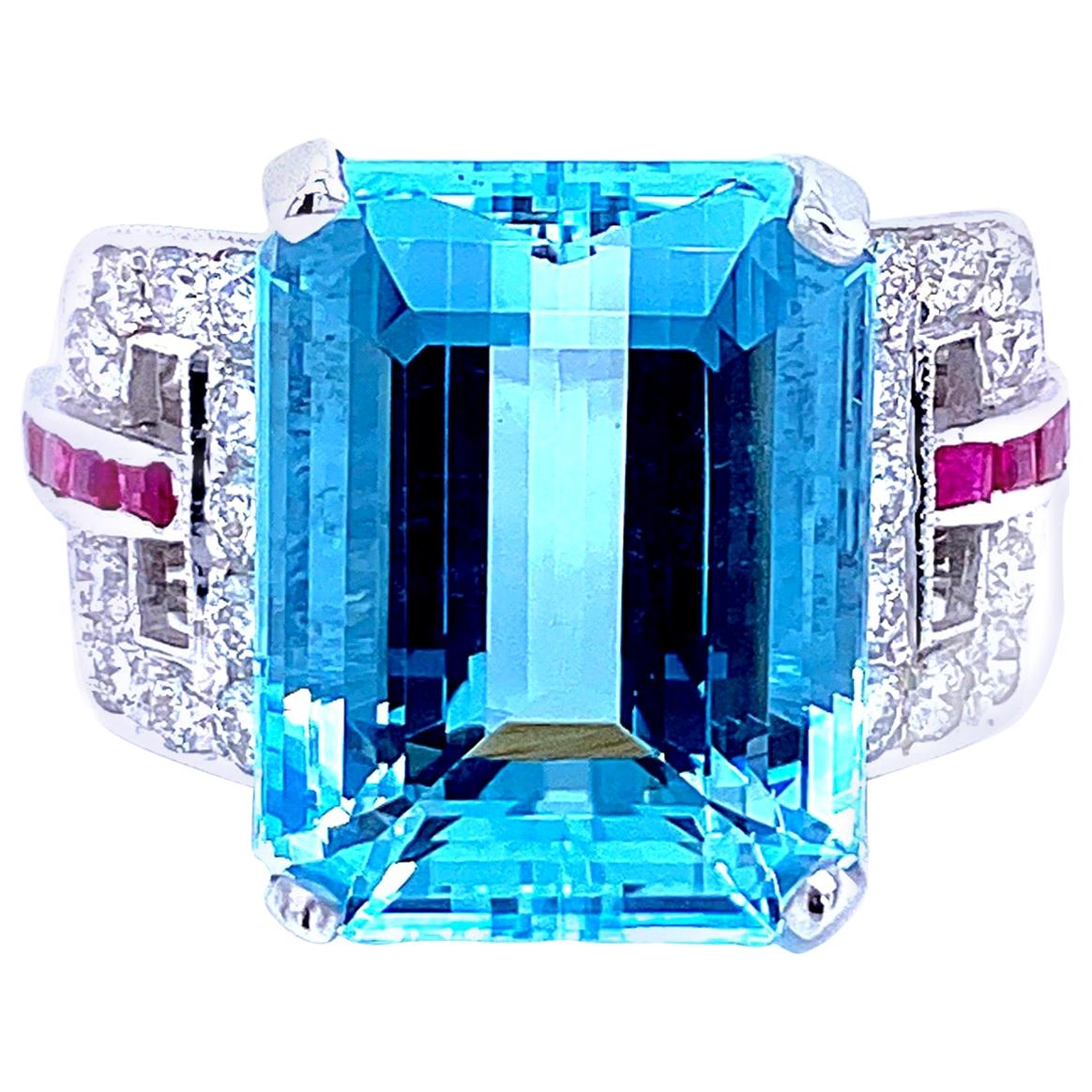 Art Deco 16 Carat Aquamarine Diamond Ruby Gold Ring