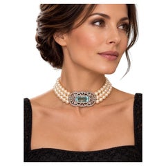 Collana girocollo Art Déco con acquamarina, diamanti e perle Akoya a tre fili