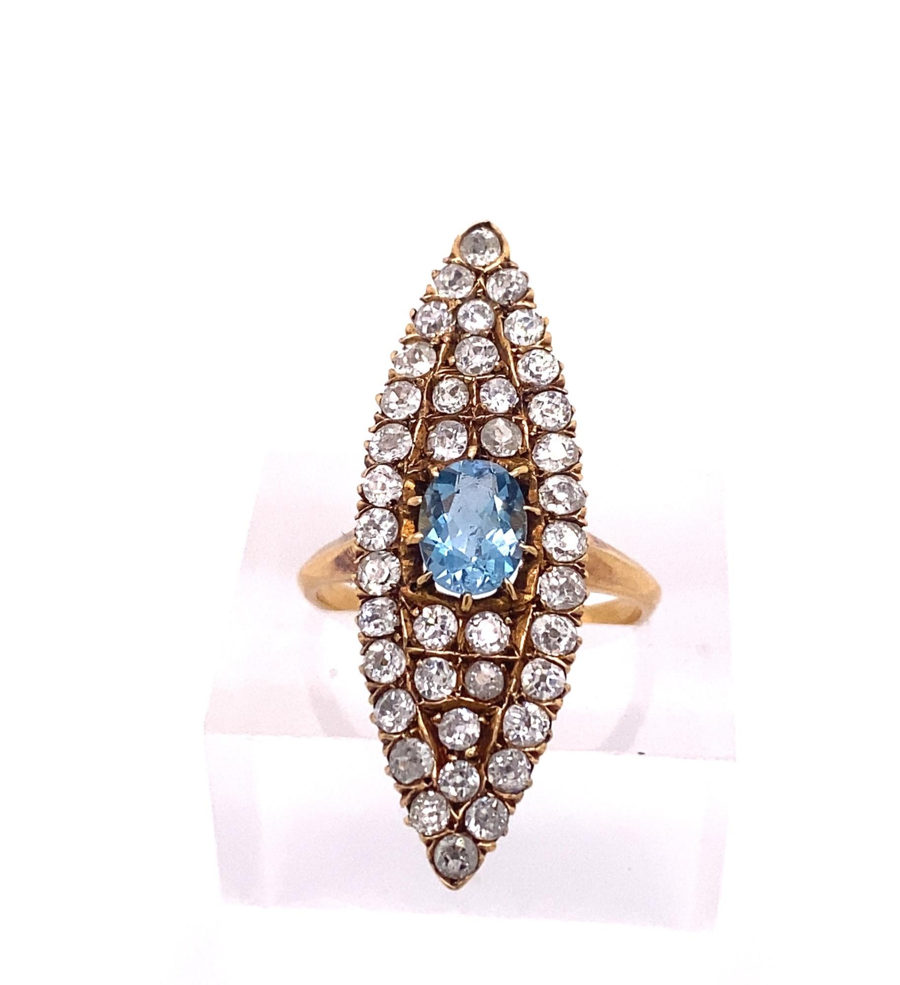 Old European Cut Art Deco Aquamarine Diamonds Marquise Shape 18K Gold Ring For Sale