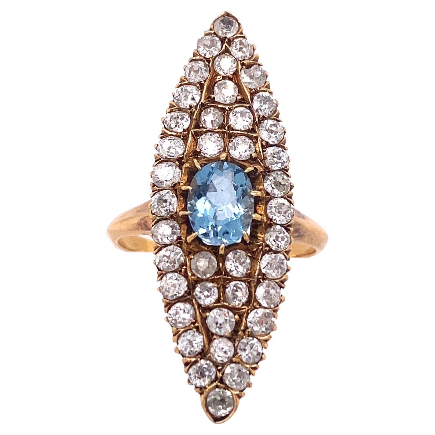 Art Deco Aquamarine Diamonds Marquise Shape 18K Gold Ring