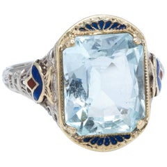 Antique Art Deco Aquamarine Enamel Filigree  14 Karat White Gold  Ring 
