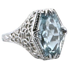 Art Deco Aquamarine Filigree Cocktail Ring 14K White Gold