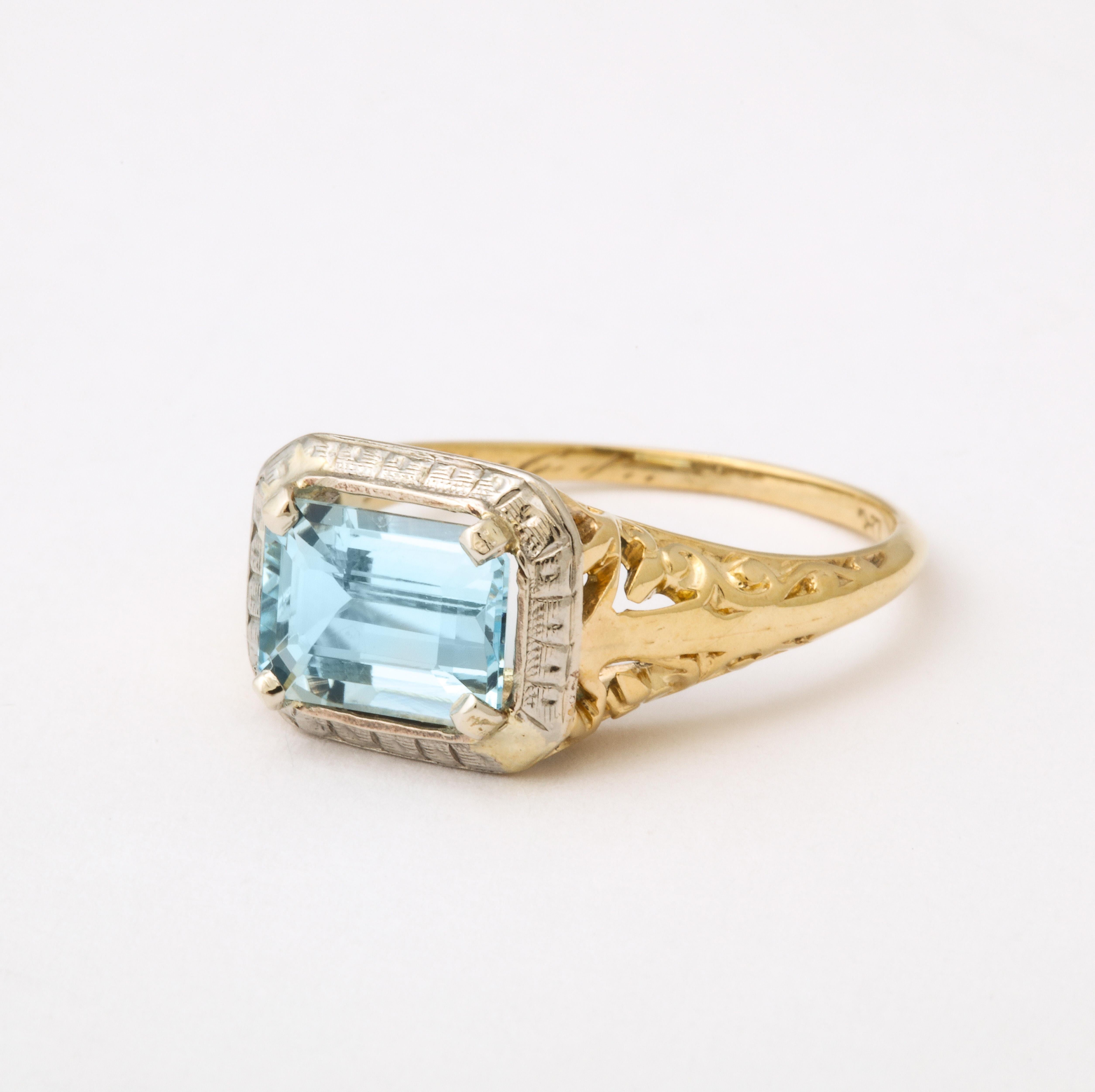 Emerald Cut Art Deco Aquamarine Gold Ring