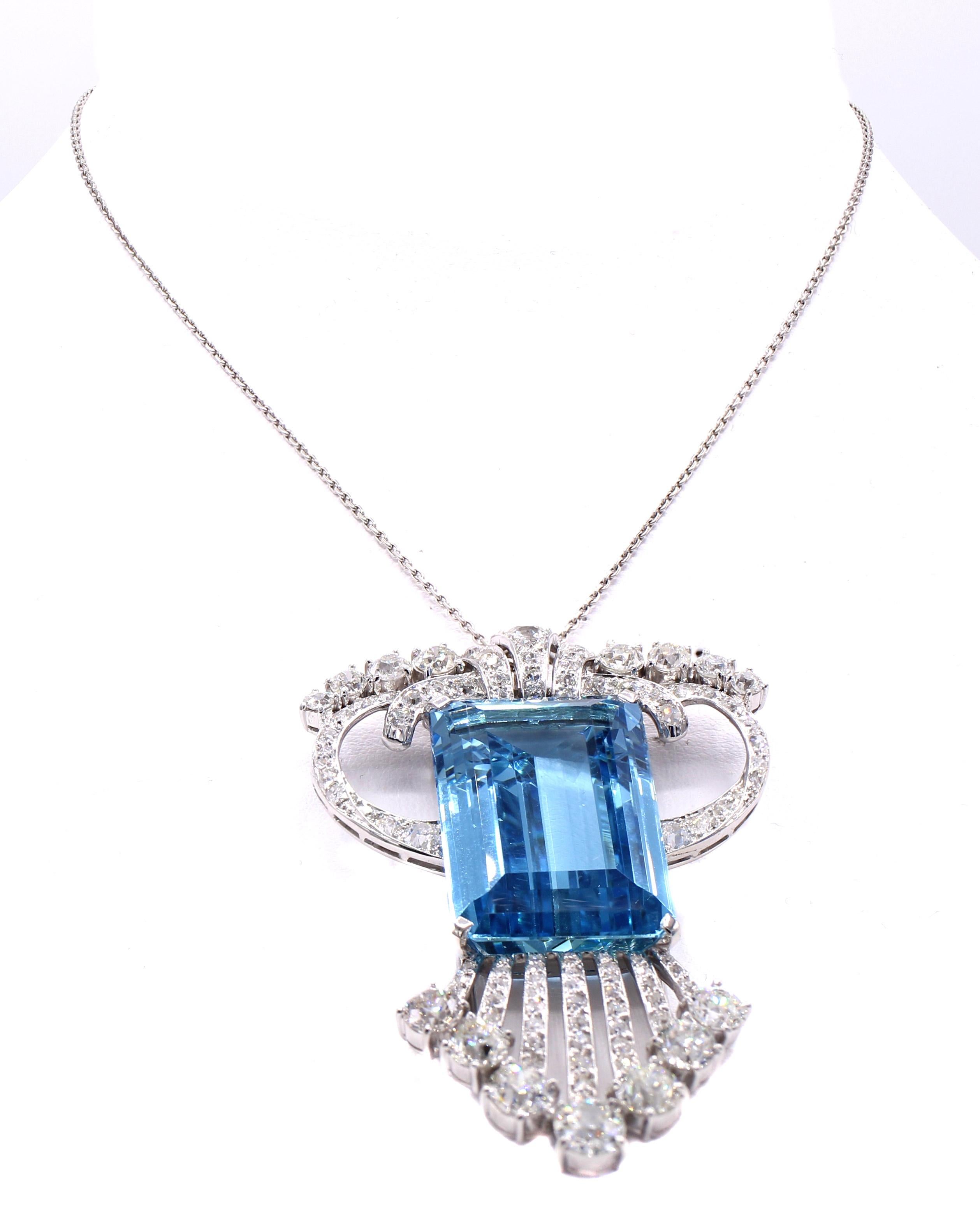 Taglio antico europeo Collana con ciondolo a clip e spilla in stile Art Déco con acquamarina taglio vecchio europeo in vendita