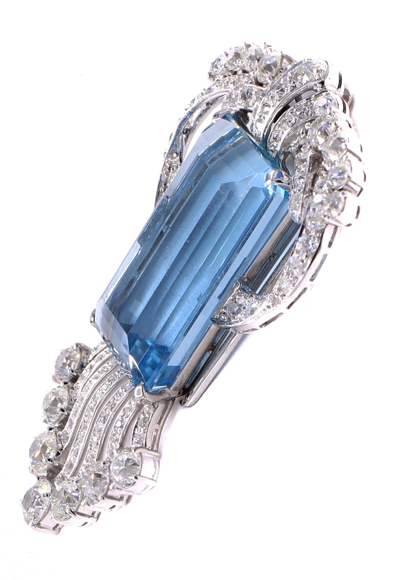 Art Deco Aquamarin Old European Cut Diamant Clip-Brosche Anhänger Halskette (Alteuropäischer Schliff) im Angebot