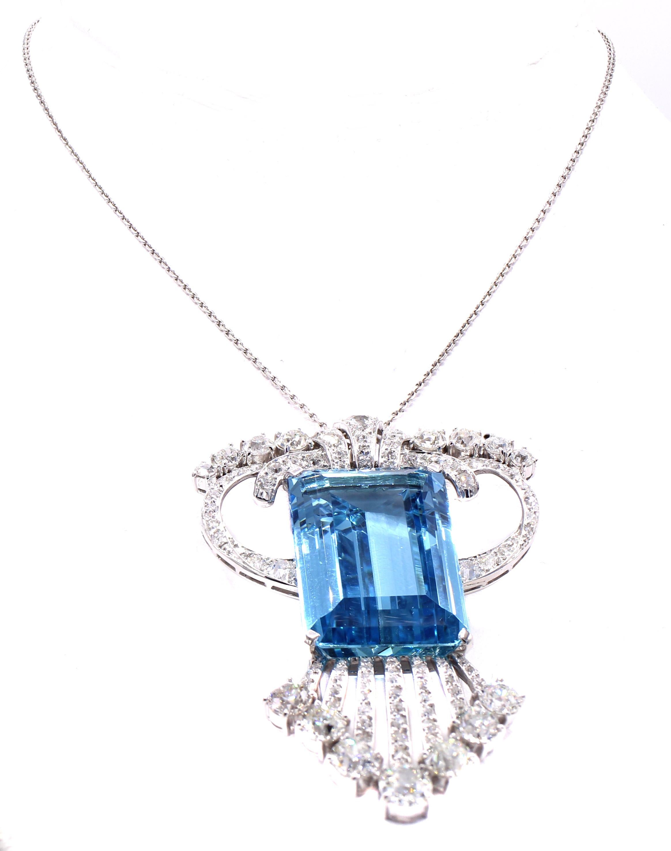 Women's or Men's Art Deco Aquamarine Old European Cut Diamond Clip-Brooch Pendant Necklace For Sale