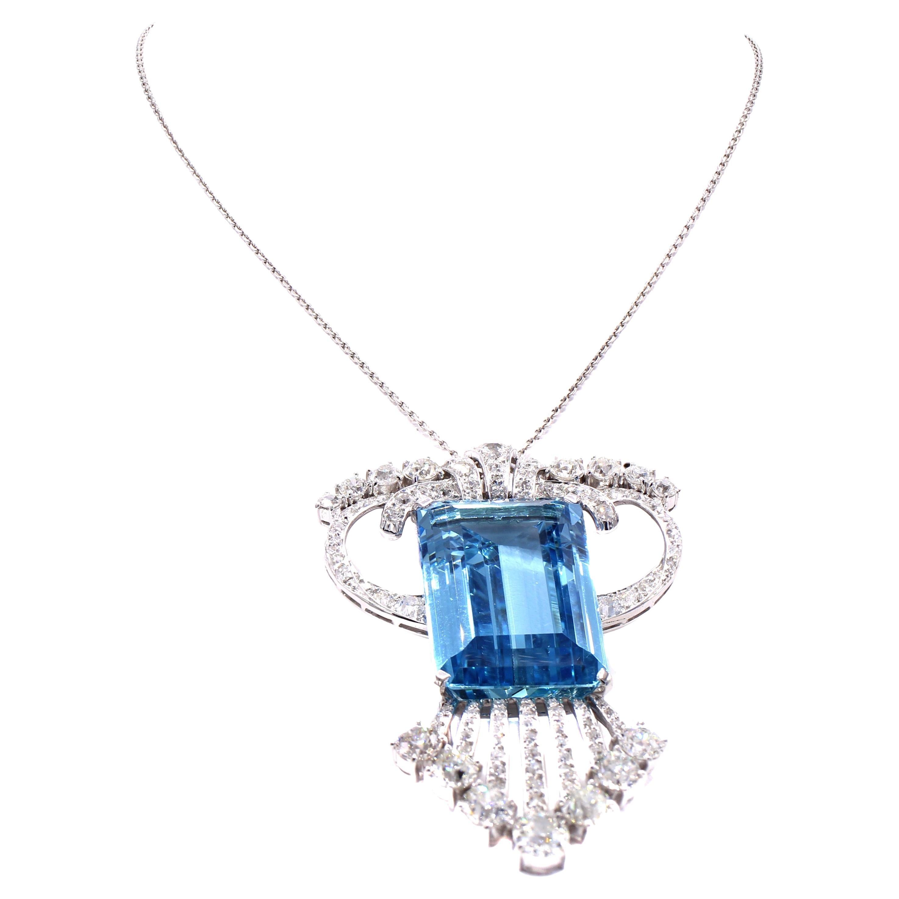 Art Deco Aquamarine Old European Cut Diamond Clip-Brooch Pendant Necklace