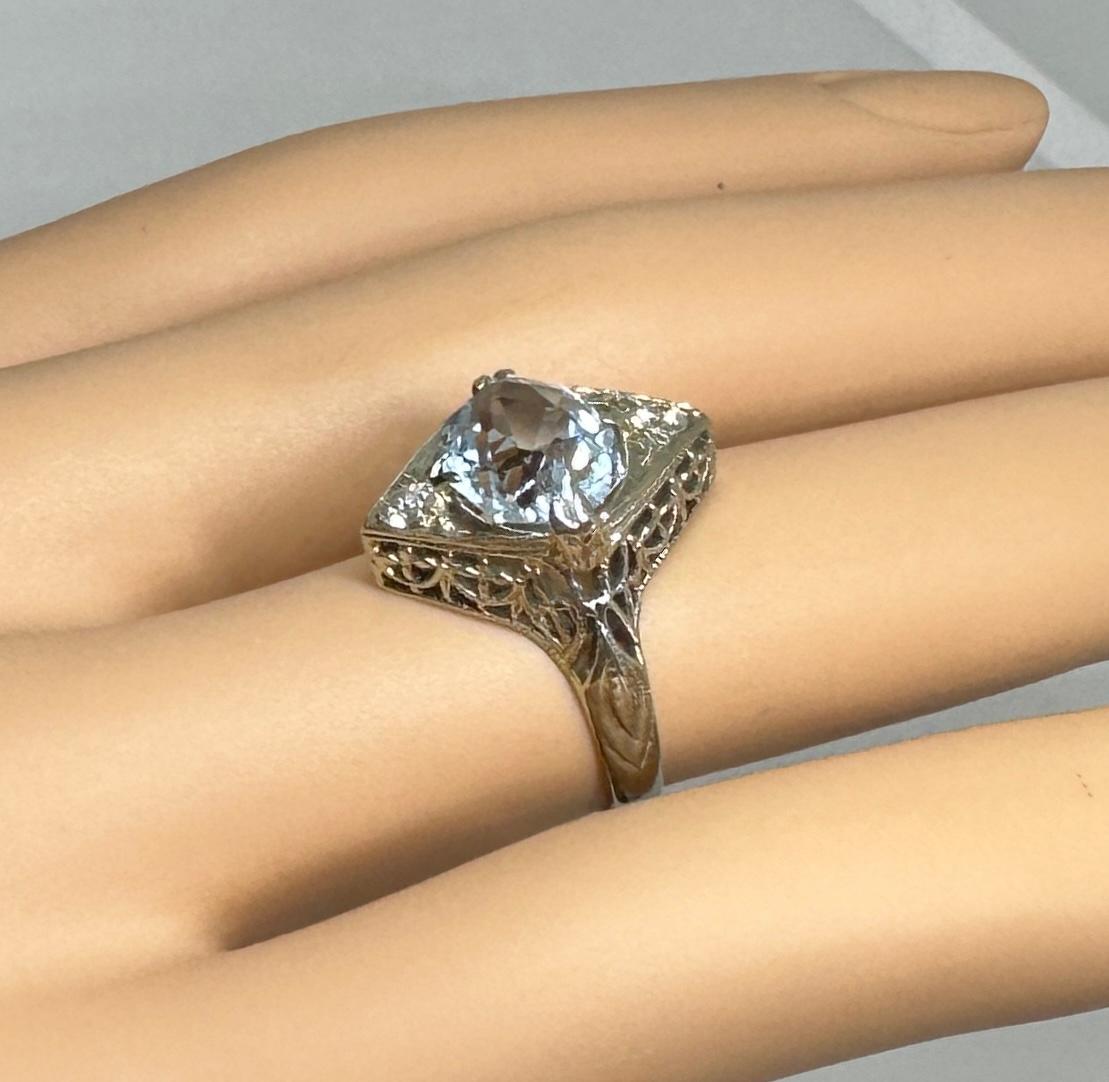 Art Deco Aquamarine Old Mine Diamond Ring 18 Karat White Gold Engagement Ring For Sale 6